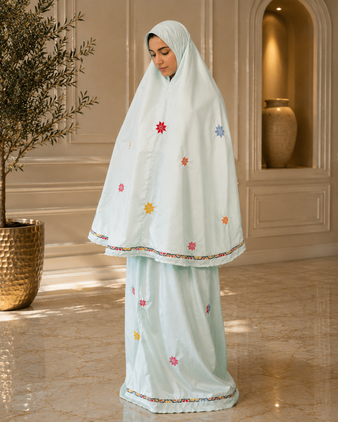 Handmade Elegant Handmade Light Green Prayer Set with Star Embroidery | Two-Piece Khimar & Skirt