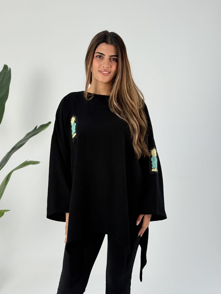 Wallada Black Free-Size Top – handmade Palestinian tatreez by women artisans