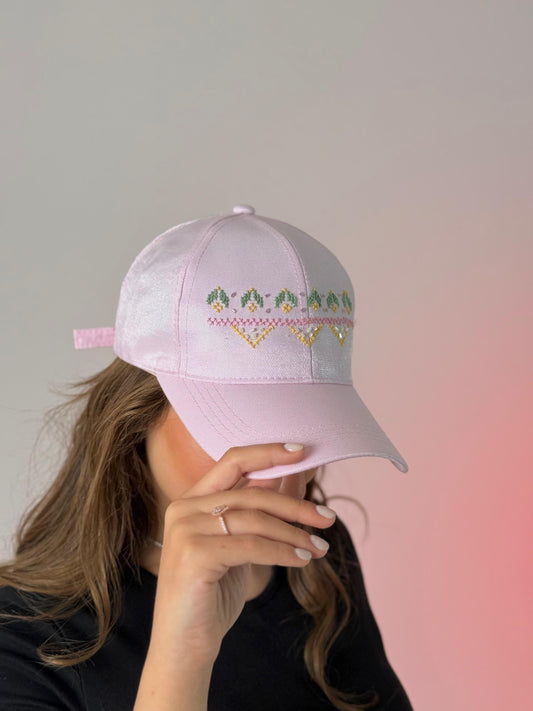 Pink Hat with Simple Mountain and Flower Embroidery