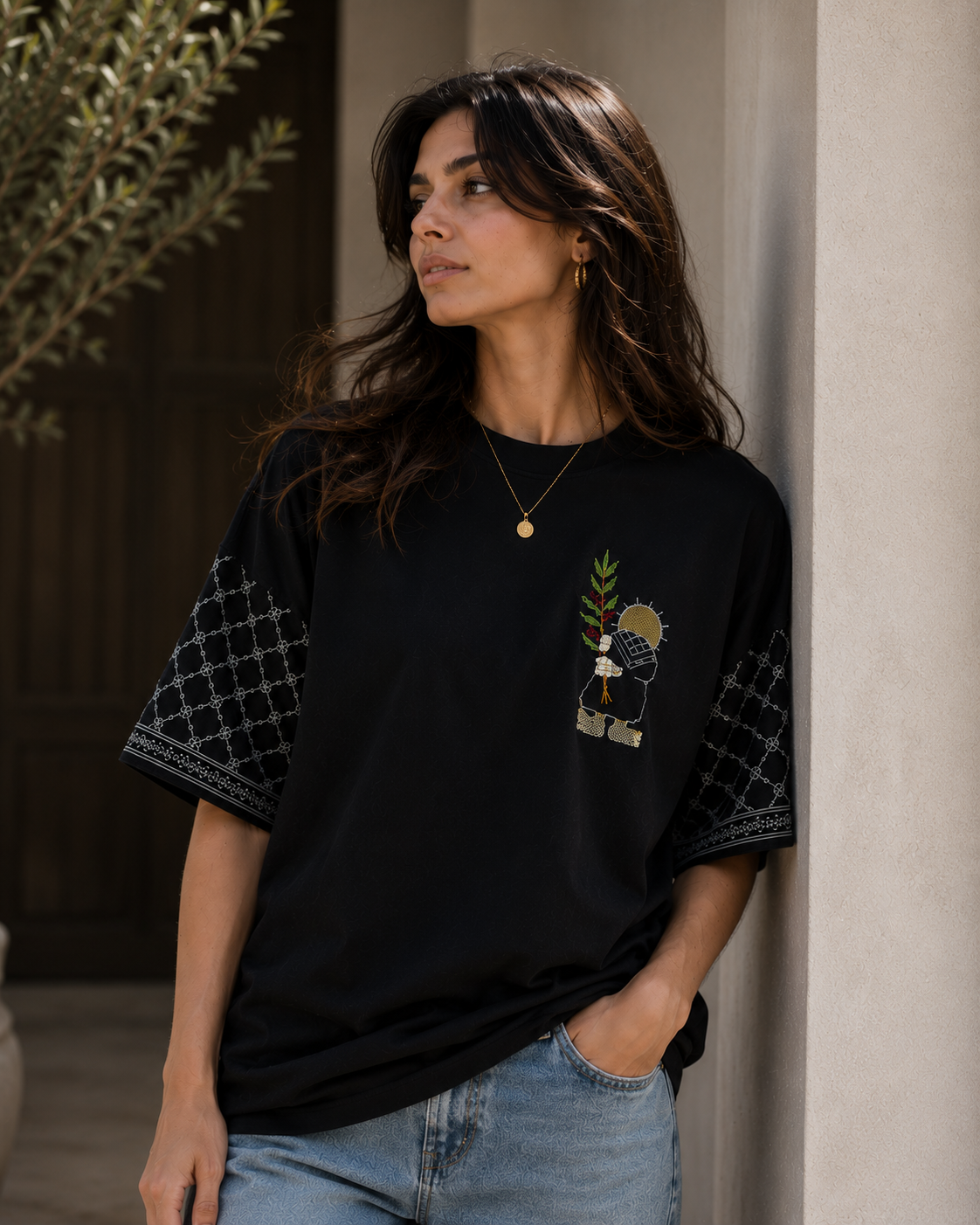 "Forever" Black Cotton Oversized T-Shirt with Handmade Embroidery