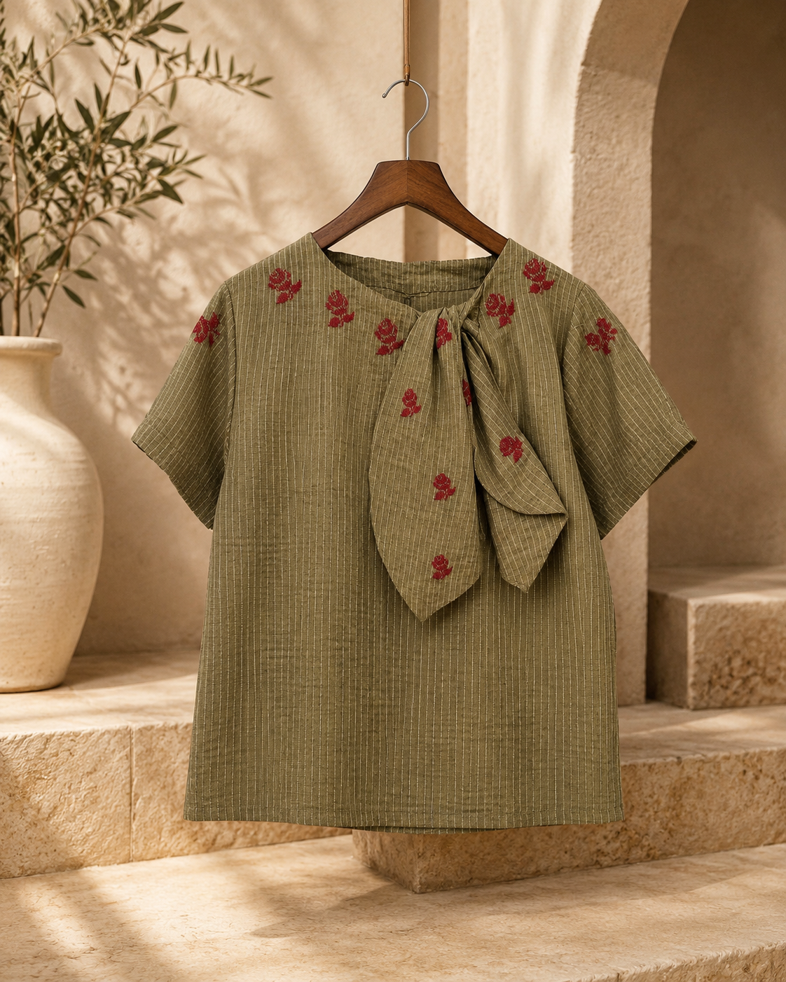 Heart: Elegant Linen Top with Bow & Hand-Embroidered Flowers - Limited Edition