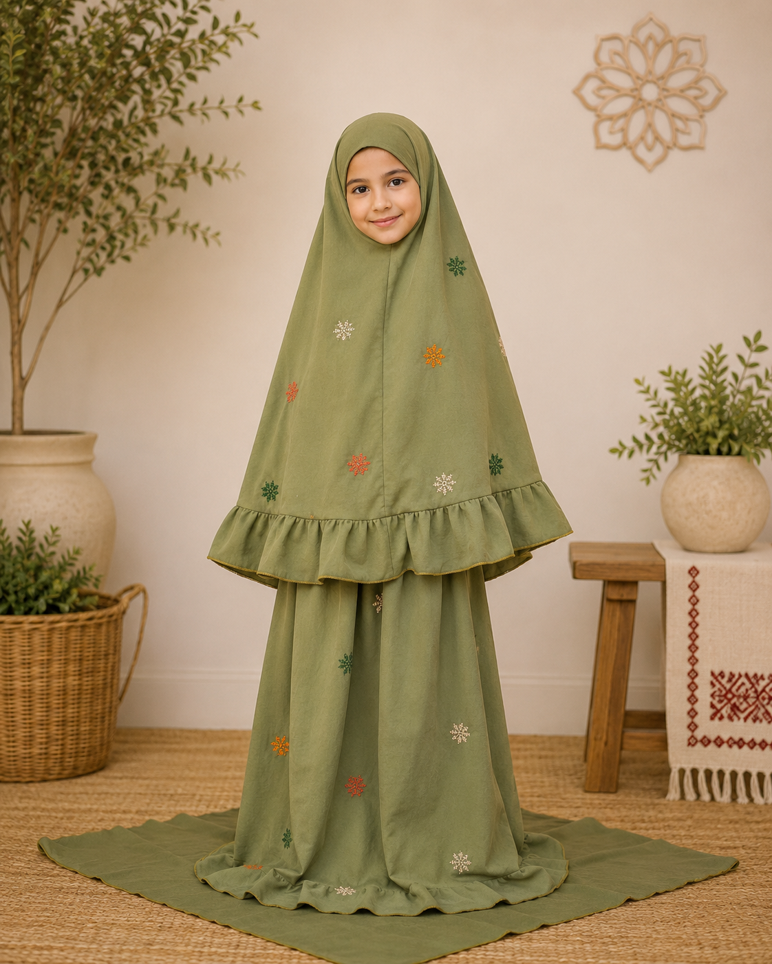 Handmade Olive Green Prayer Set for Girls | Unique Ramallah Embroidered Design