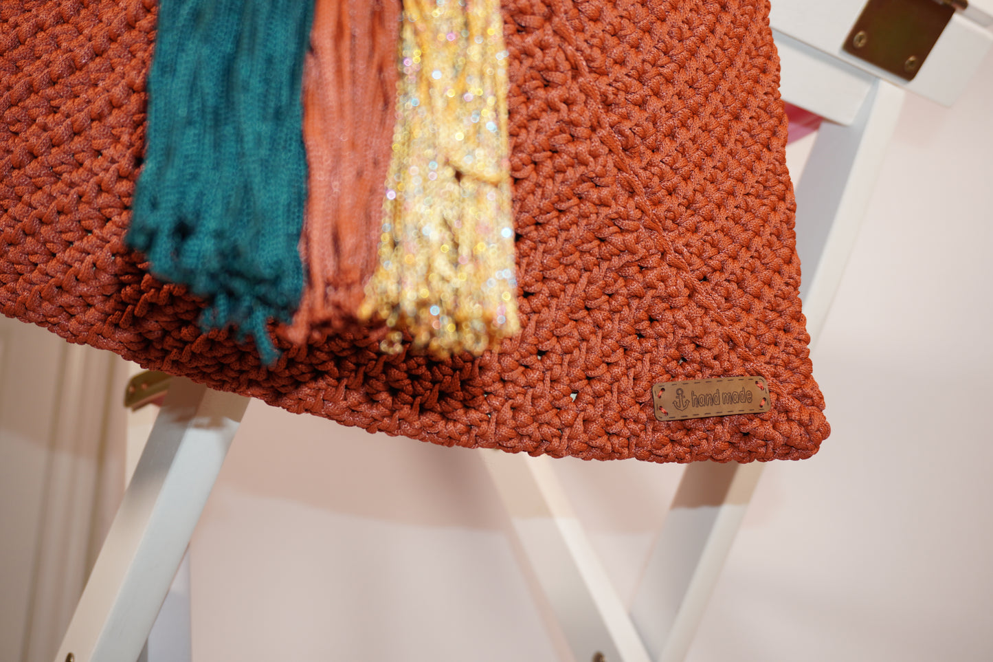 Handmade Crochet Brick Terracotta Bag with Tassels | Tatreez Banatna