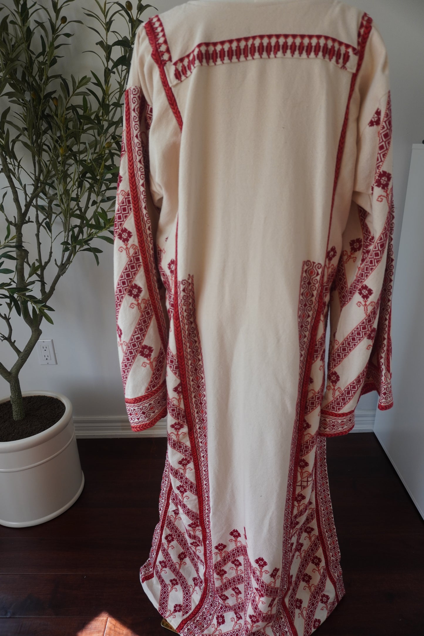 Exquisite Hand-Made Off-White Thoub with Red and Orange Palestinian Embroidery from Yata Al Khalil