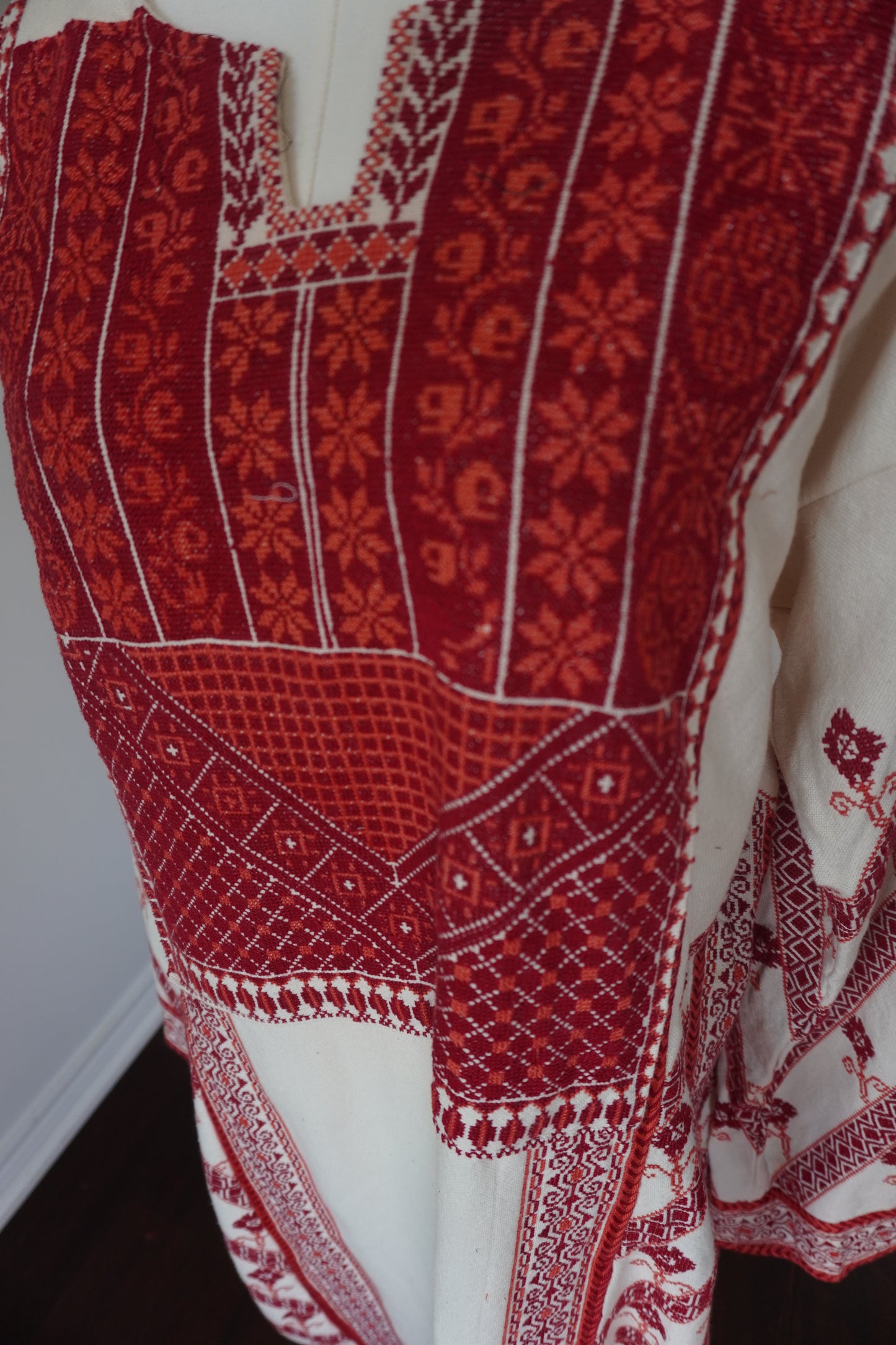 Exquisite Hand-Made Off-White Thoub with Red and Orange Palestinian Embroidery from Yata Al Khalil