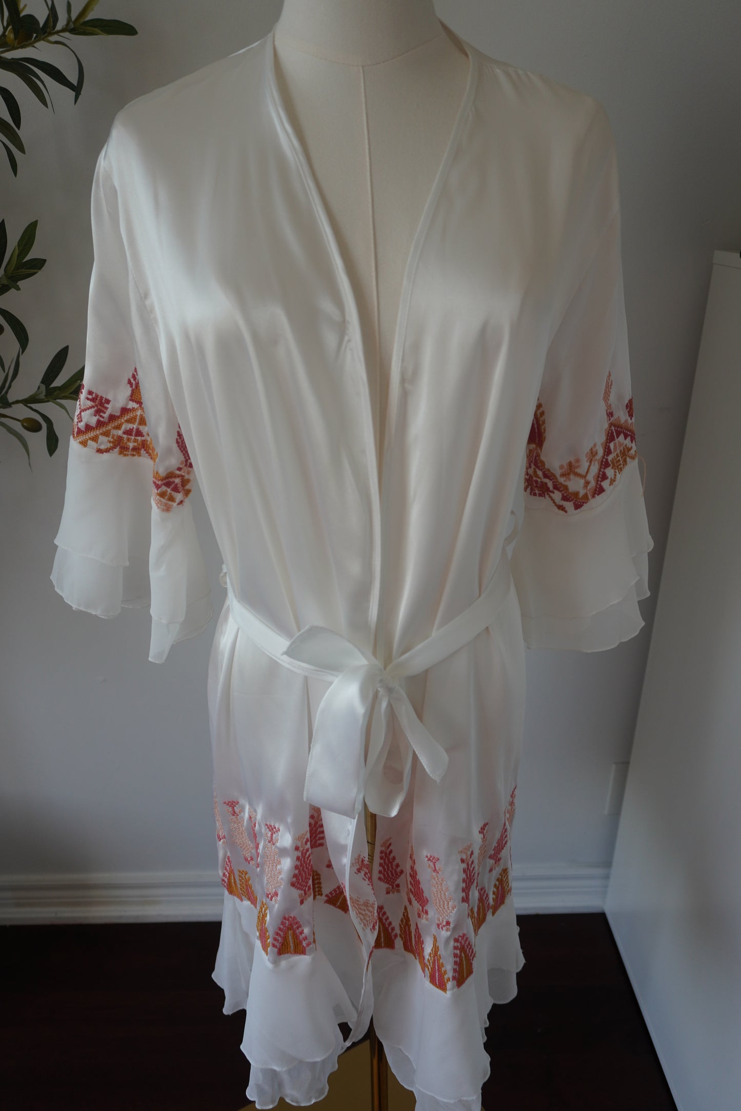 Light beige satin handmade robe with embroidery, an exclusive design by artists in Ramallah, perfect for brides on Henna night or as a special gift.