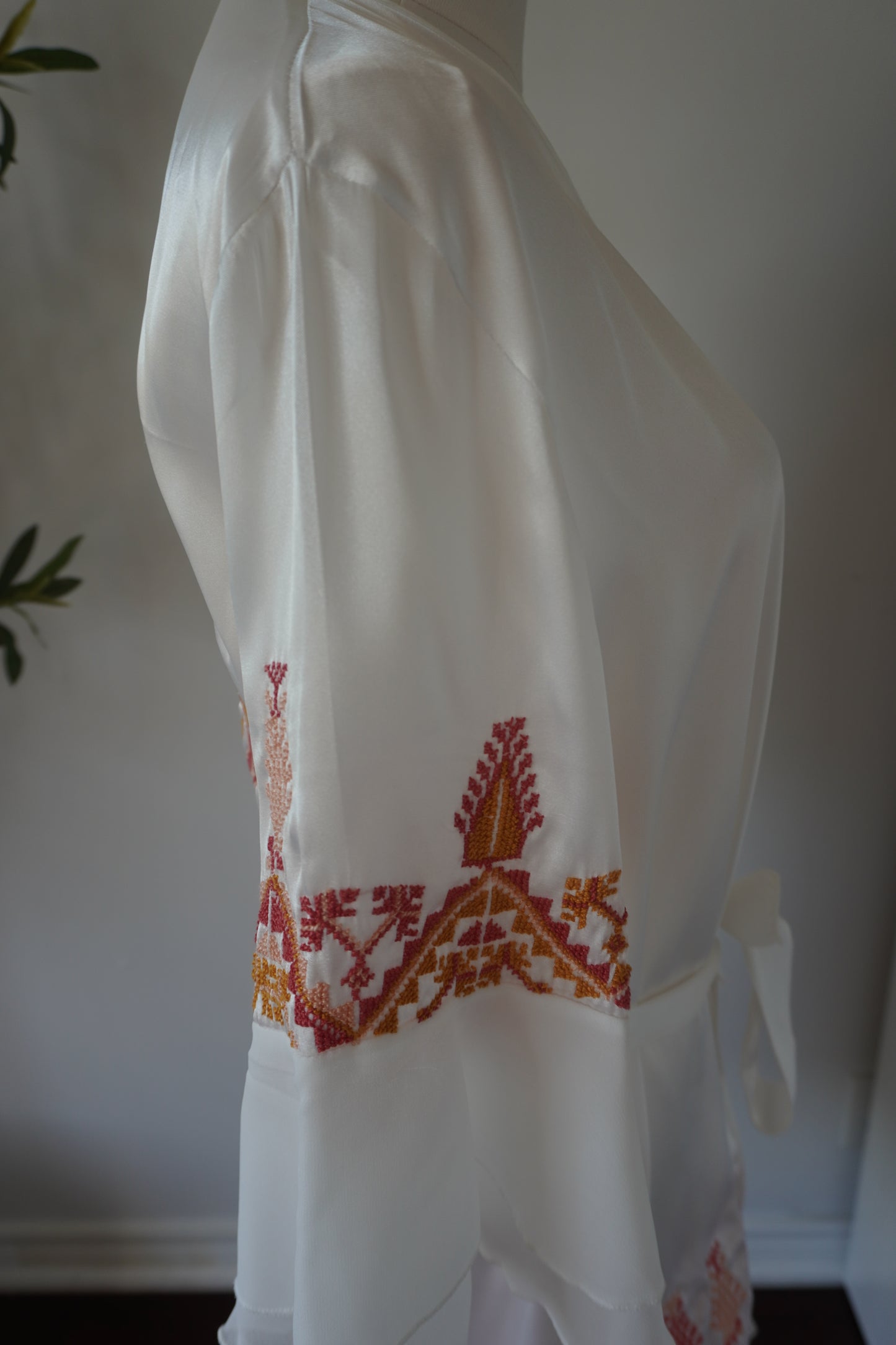 Elegant Light Beige Satin Handmade Embroidery Bride Robe