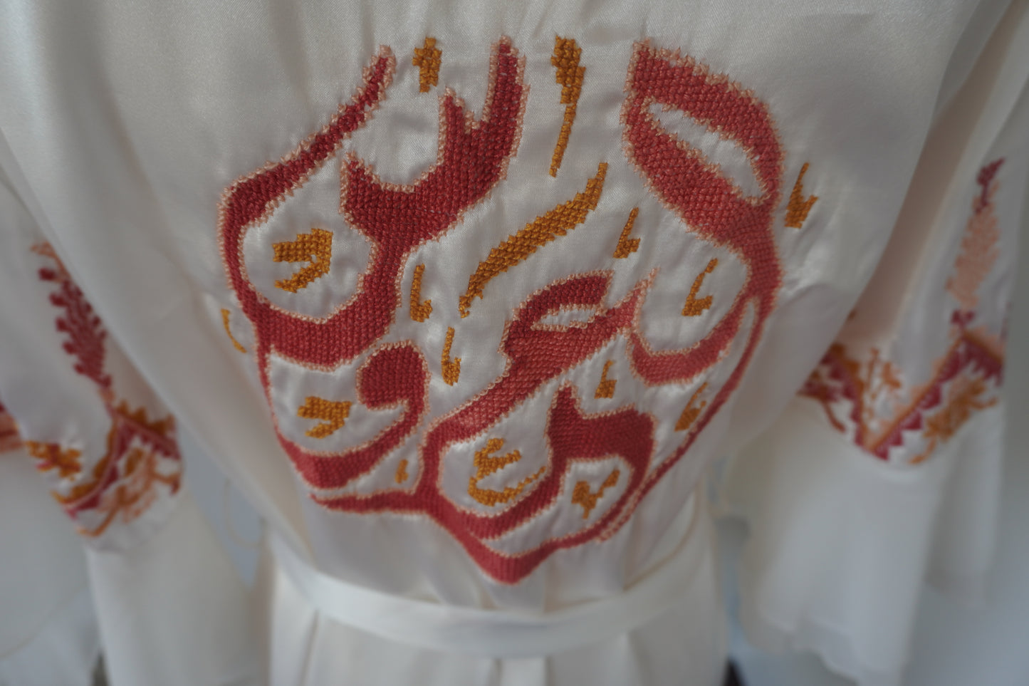 Elegant Light Beige Satin Handmade Embroidery Bride Robe