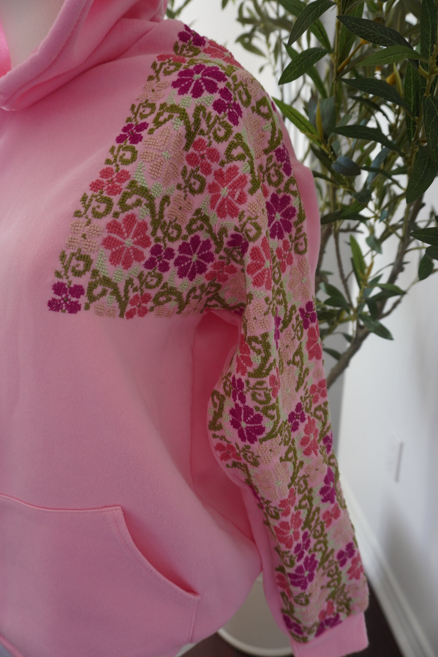 Unique Handmade Pink Hoodie with Beautiful Embroidered Flowers