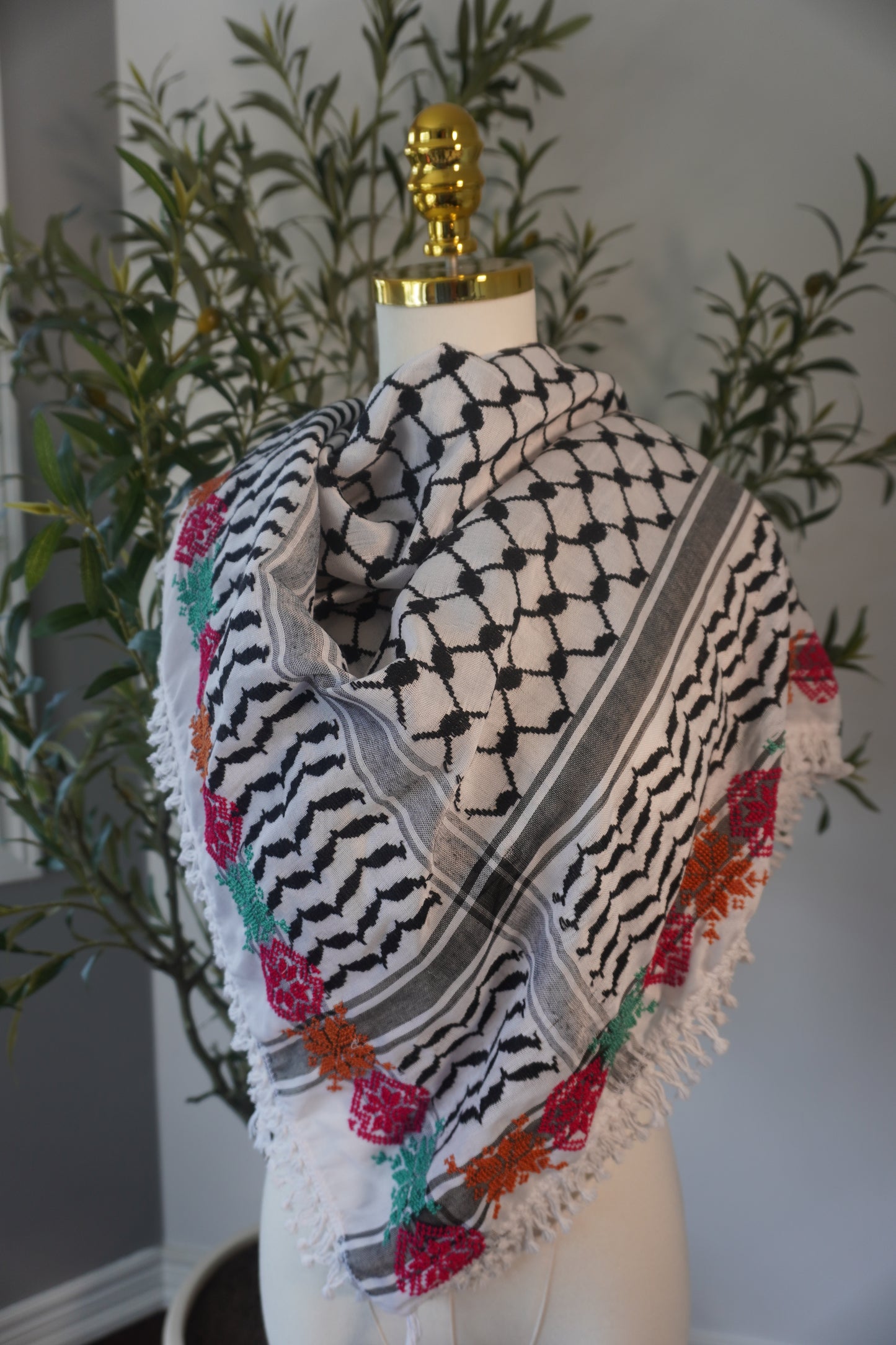 Handmade Black and White Kofea with Tatreez in Light Green, Pink, and Orange