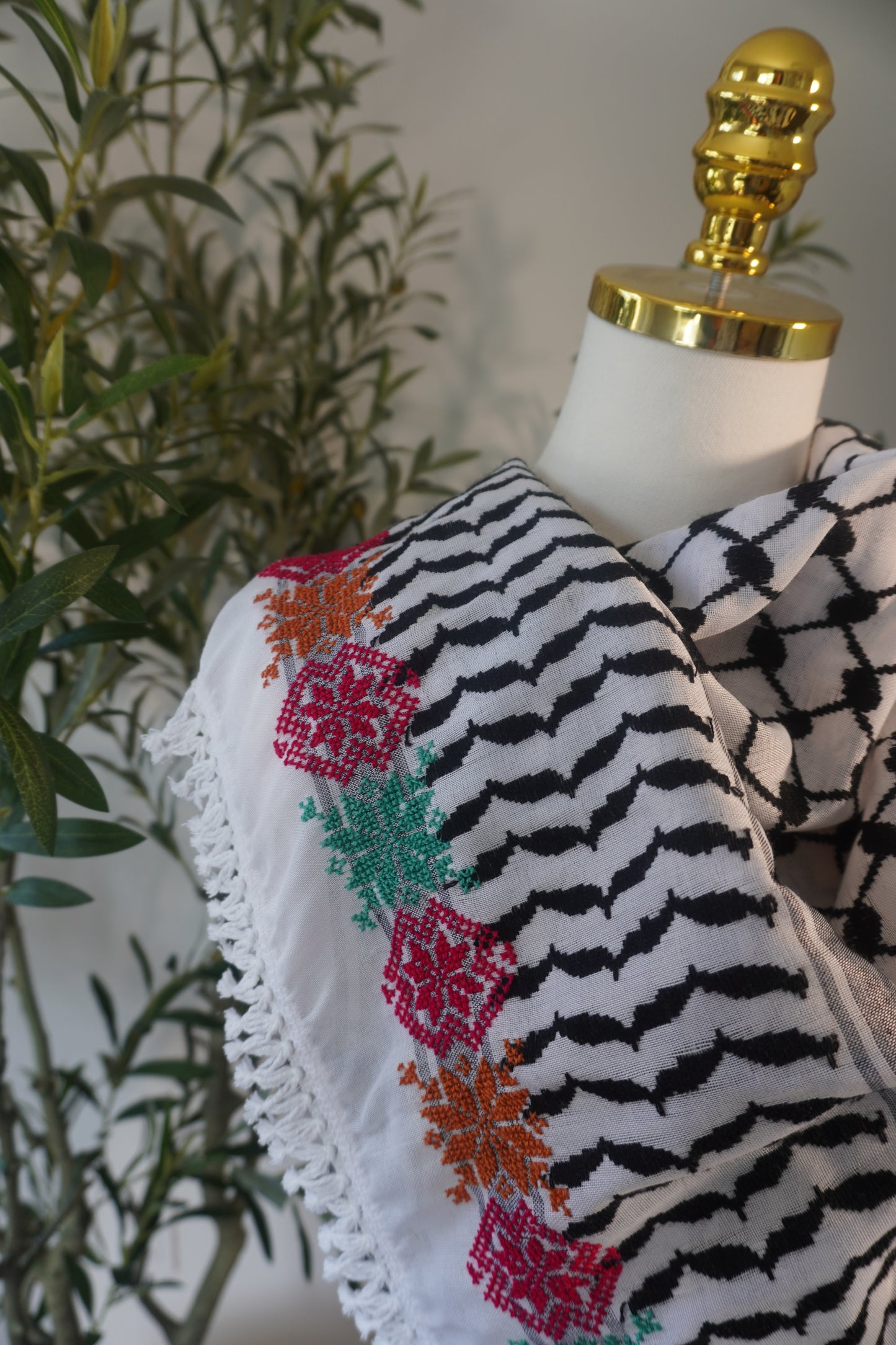 Handmade Black and White Kofea with Tatreez in Light Green, Pink, and Orange