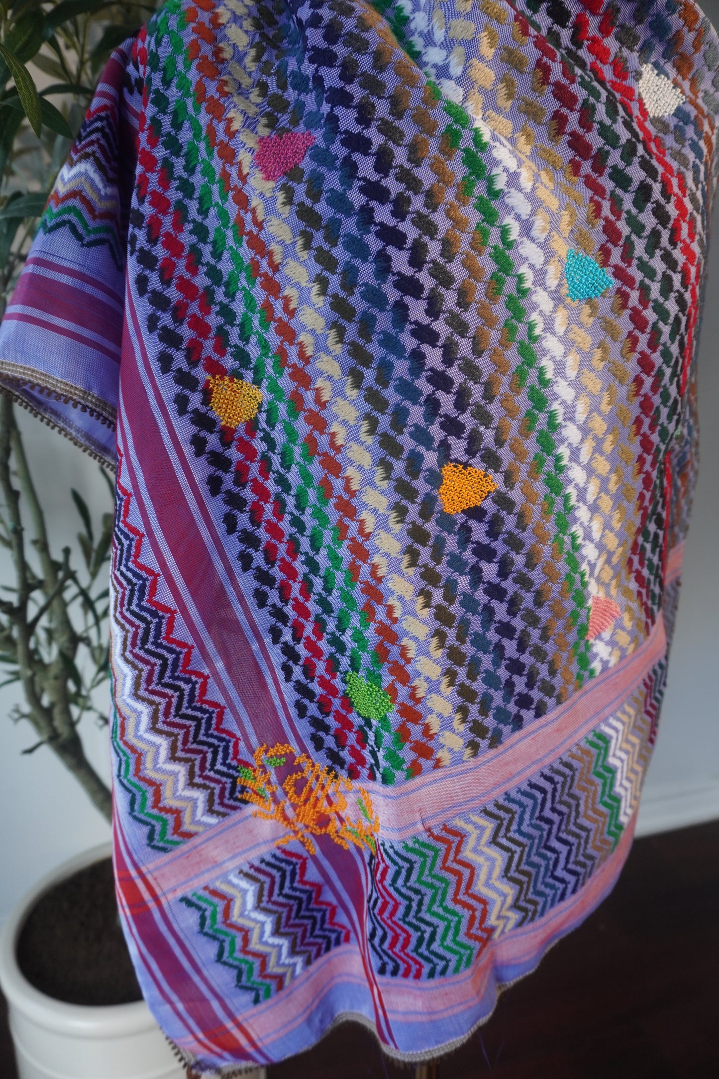 Handmade Colorful Kofea with Bright Embroidery on a Purple Base