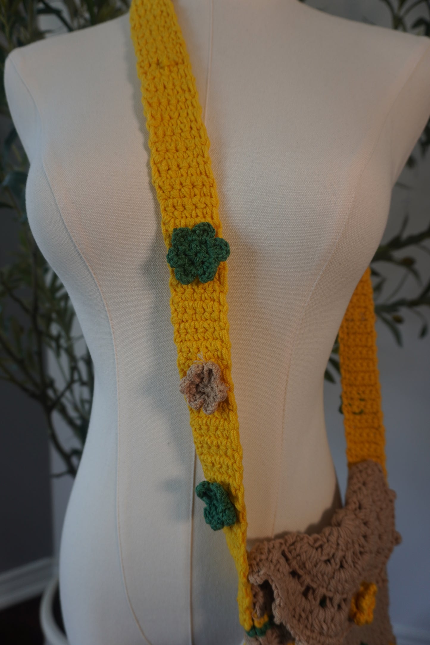 Handmade Crochet Phone Case - Green, Yellow, and Beige Floral Design
