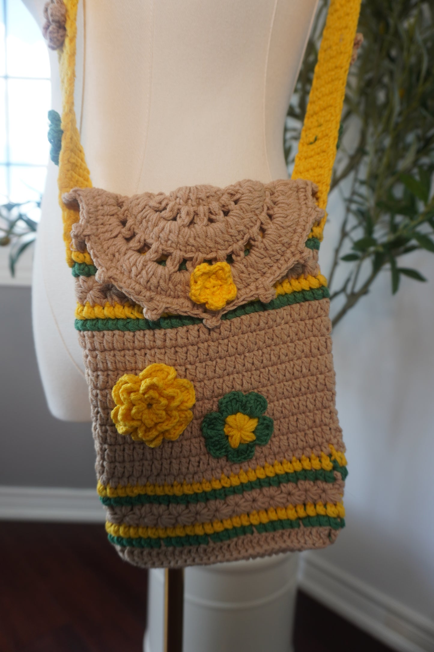 Handmade Crochet Phone Case - Green, Yellow, and Beige Floral Design
