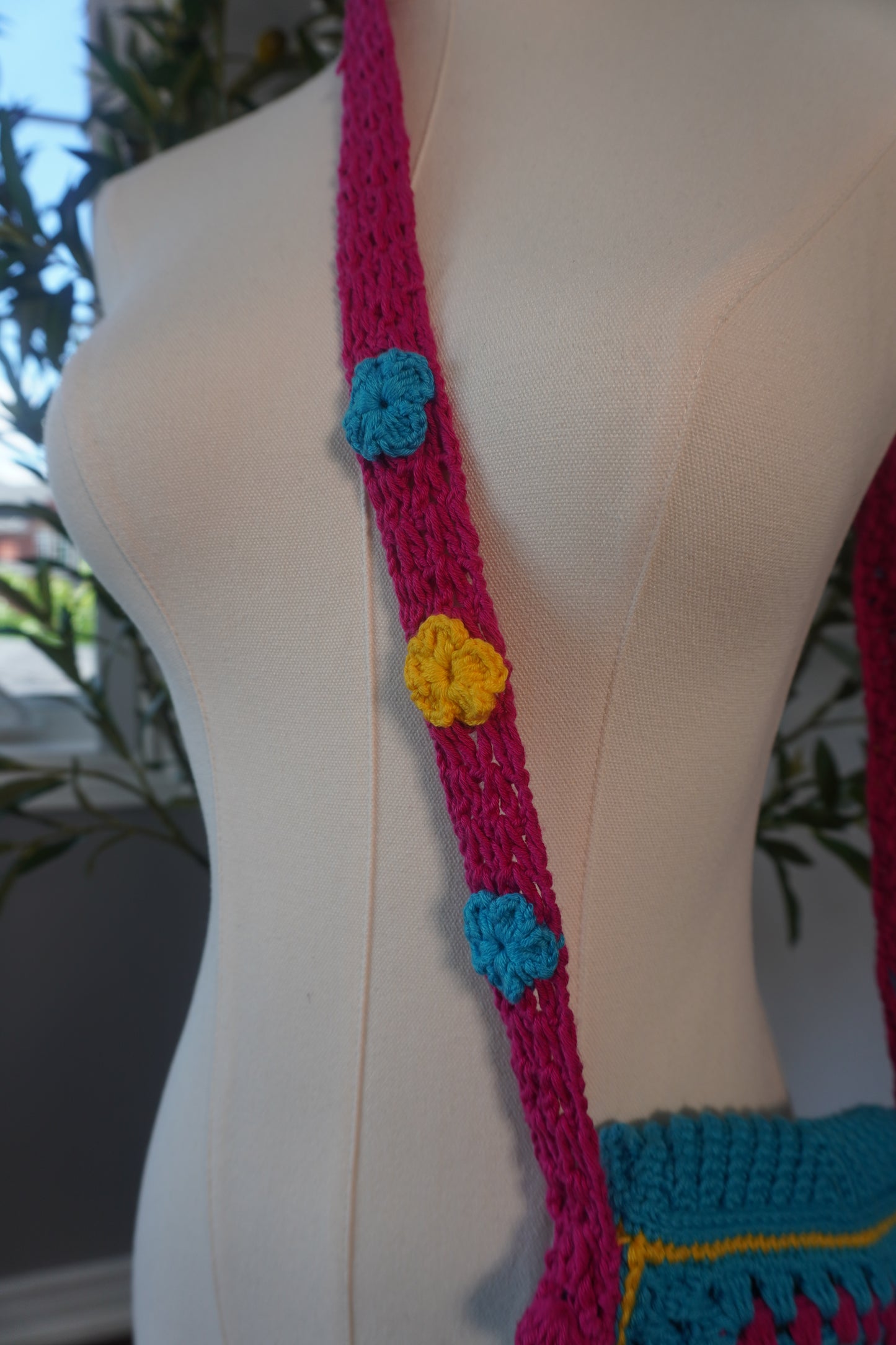 Colorful Handmade Crochet Phone Case - Fuchsia, Yellow, and Blue Floral Design