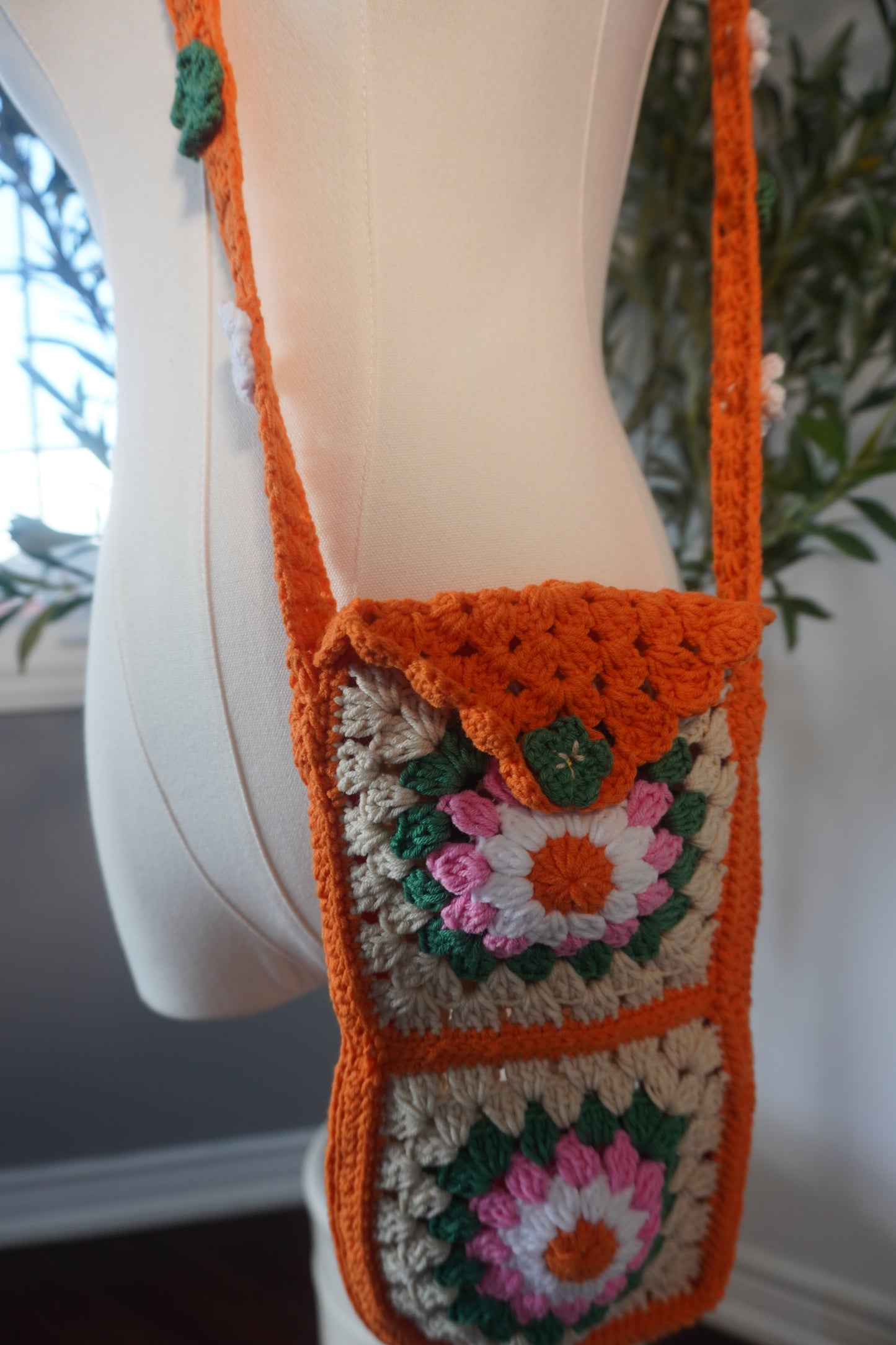 Handmade Crochet Phone Case - Orange, Pink, White, and Beige Flower Granny Squares