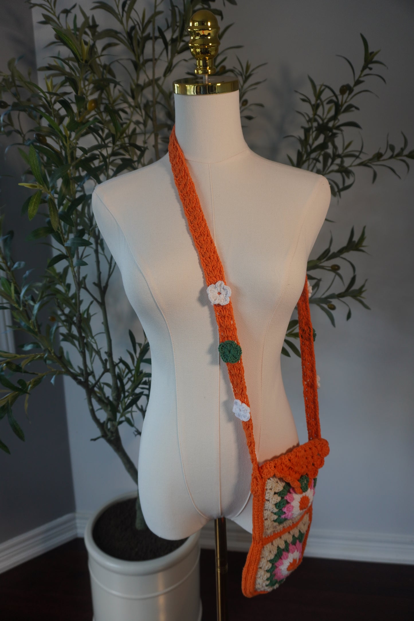 Handmade Crochet Phone Case - Orange, Pink, White, and Beige Flower Granny Squares