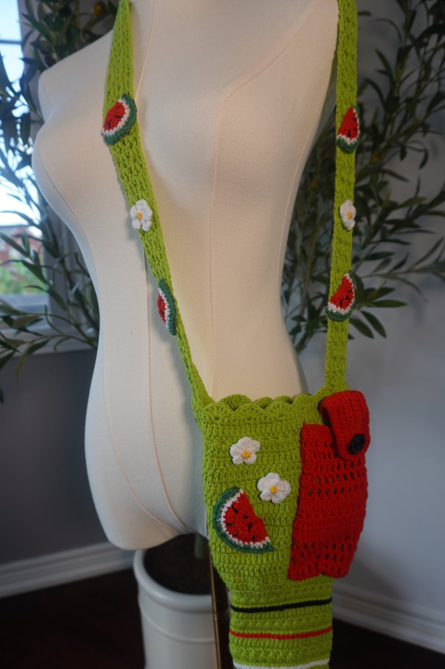 Handmade Crochet Stanley 30oz Bottle Holder - Bright Green Watermelon & White Flowers