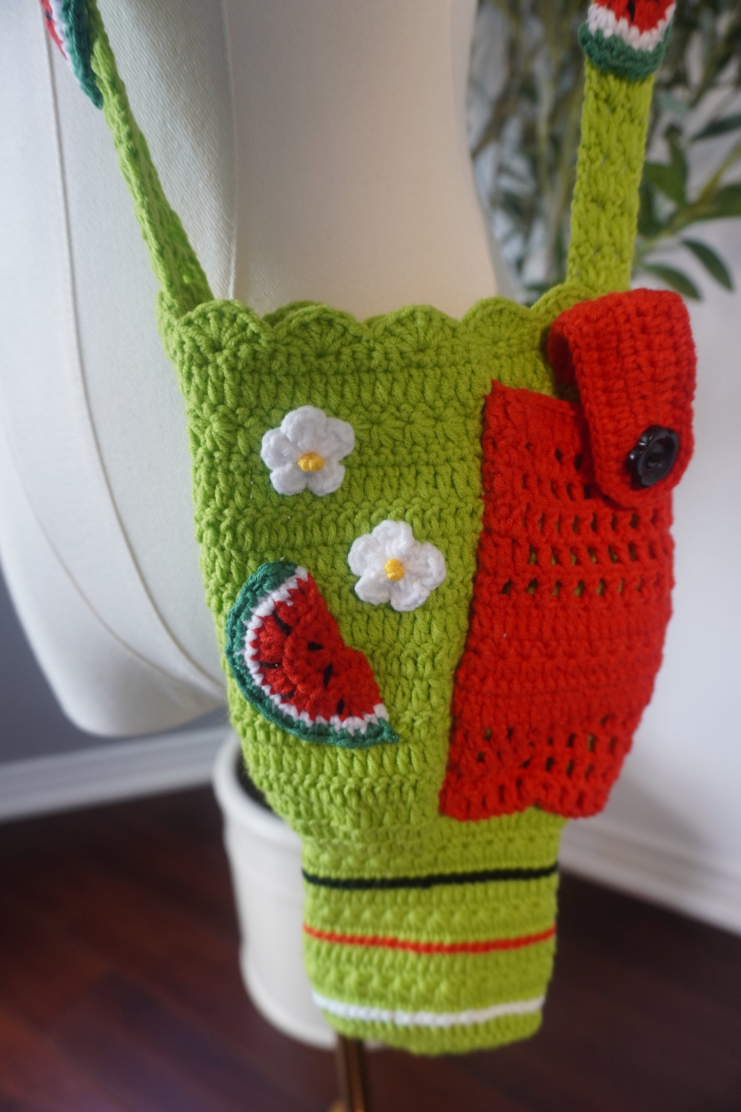 Handmade Crochet Stanley 30oz Bottle Holder - Bright Green Watermelon & White Flowers