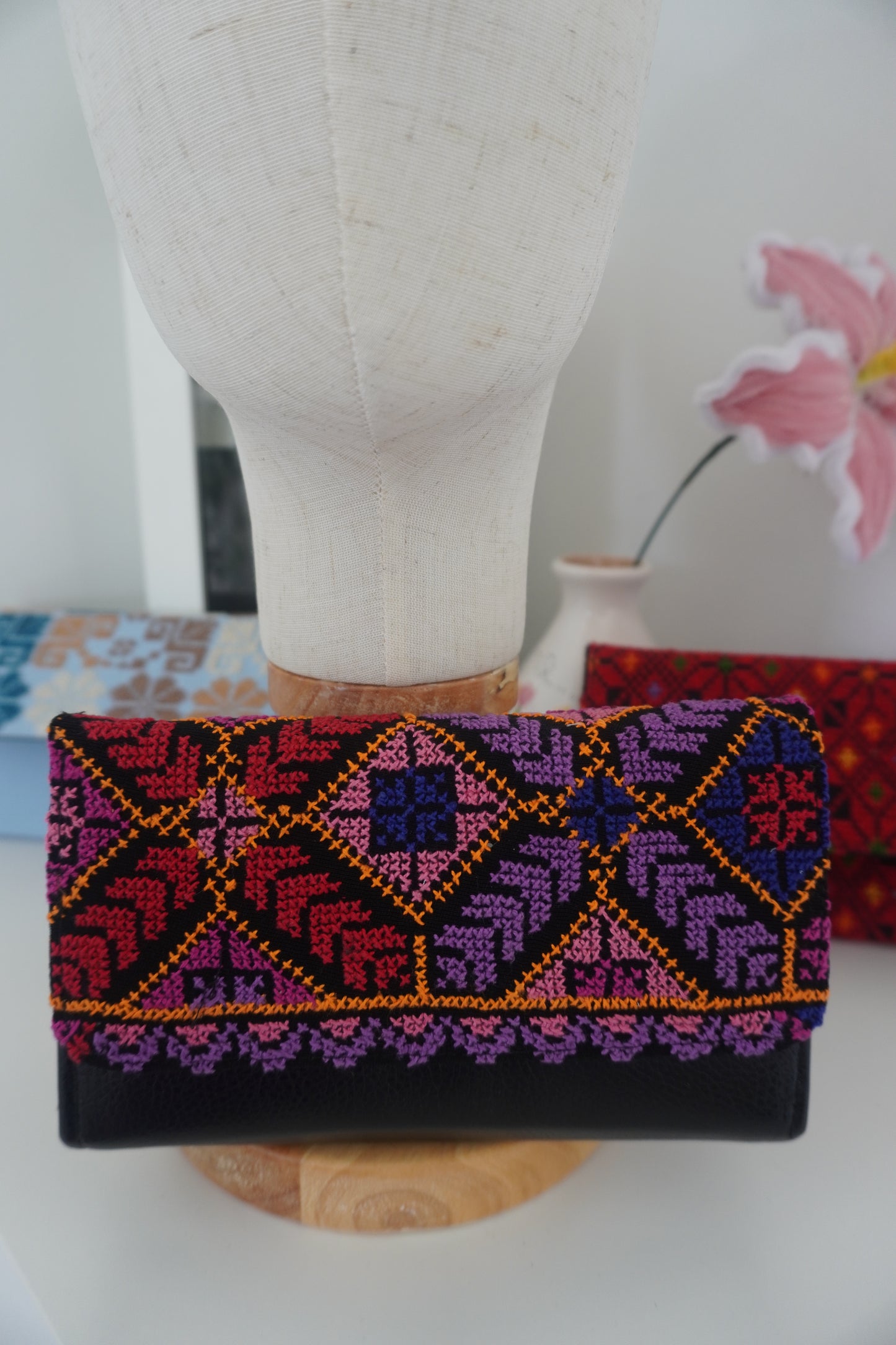Hand Embroidered Clutch in Beautiful Colors: Red, Purple, and Peach