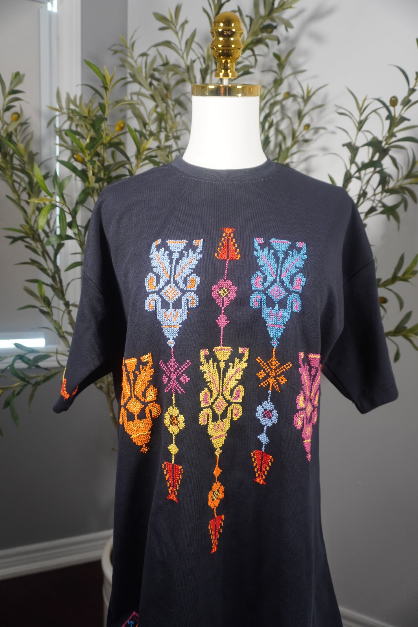 Navy Oversized T-Shirt with Kasat Tareez | Unique Statement Piece by Resilient Artisans