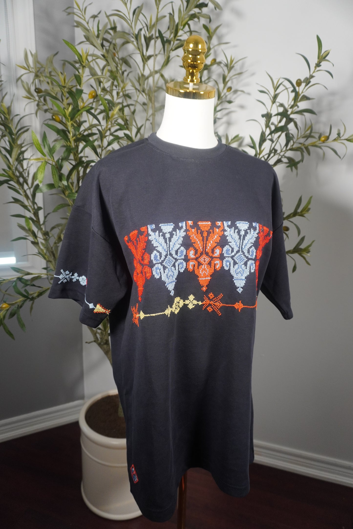 Oversized T-Shirt with Beautiful Embroidered Kasat and Floral Design | Unique Statement Piece