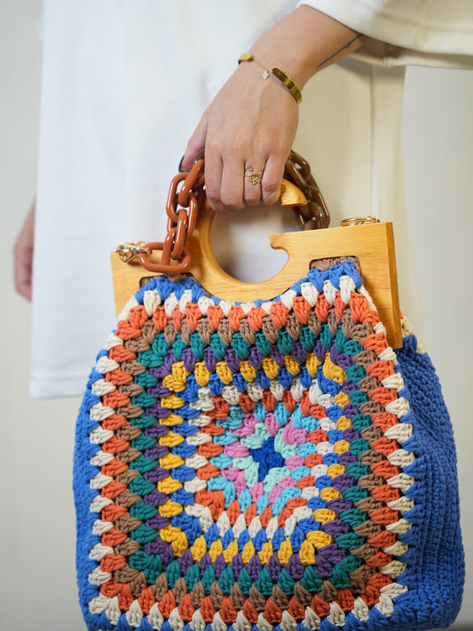 Orange & Blue Granny Square Crochet Bag