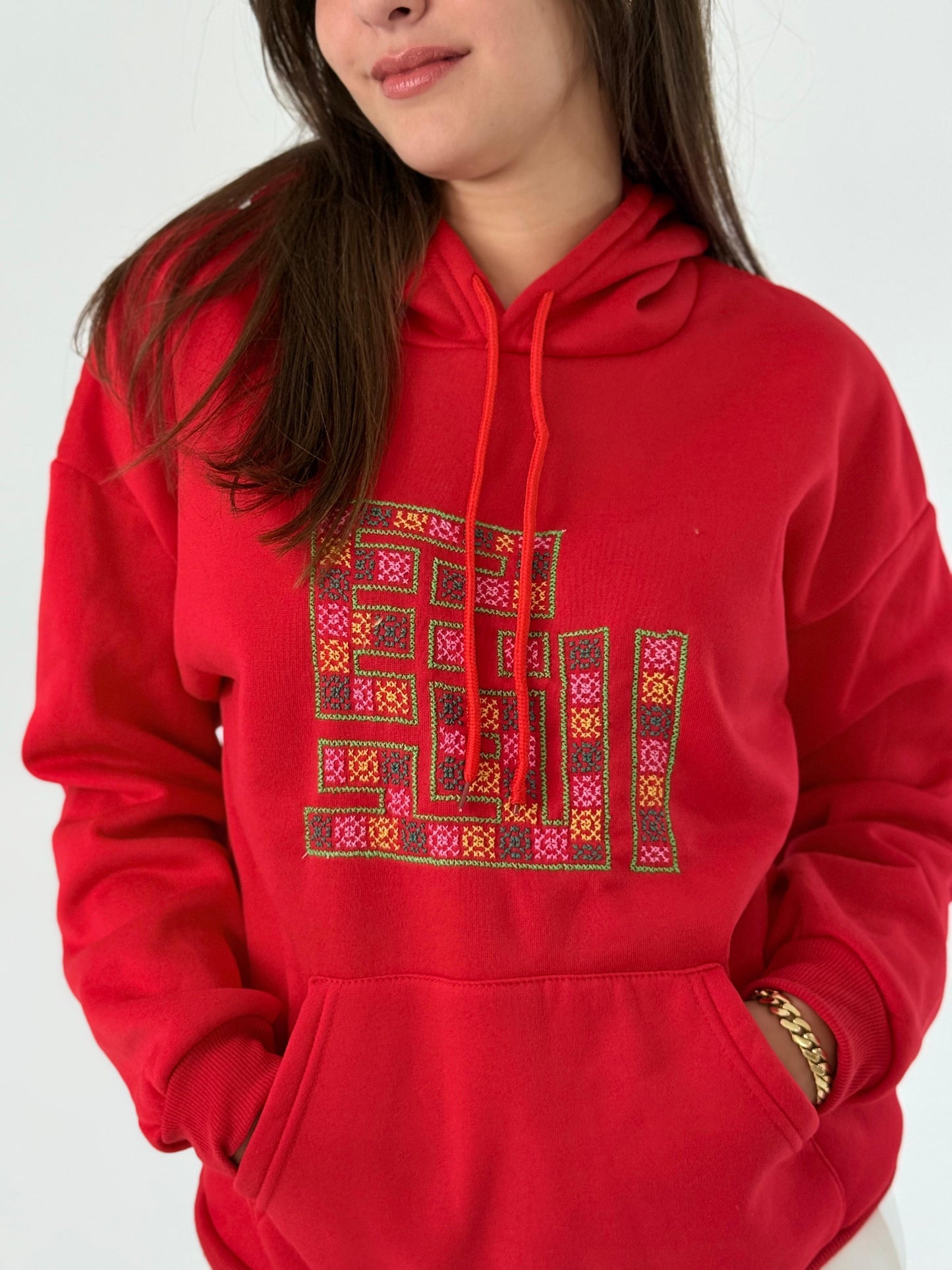 Handmade Medium Red Hoodie with Al Quds Tatreez Design