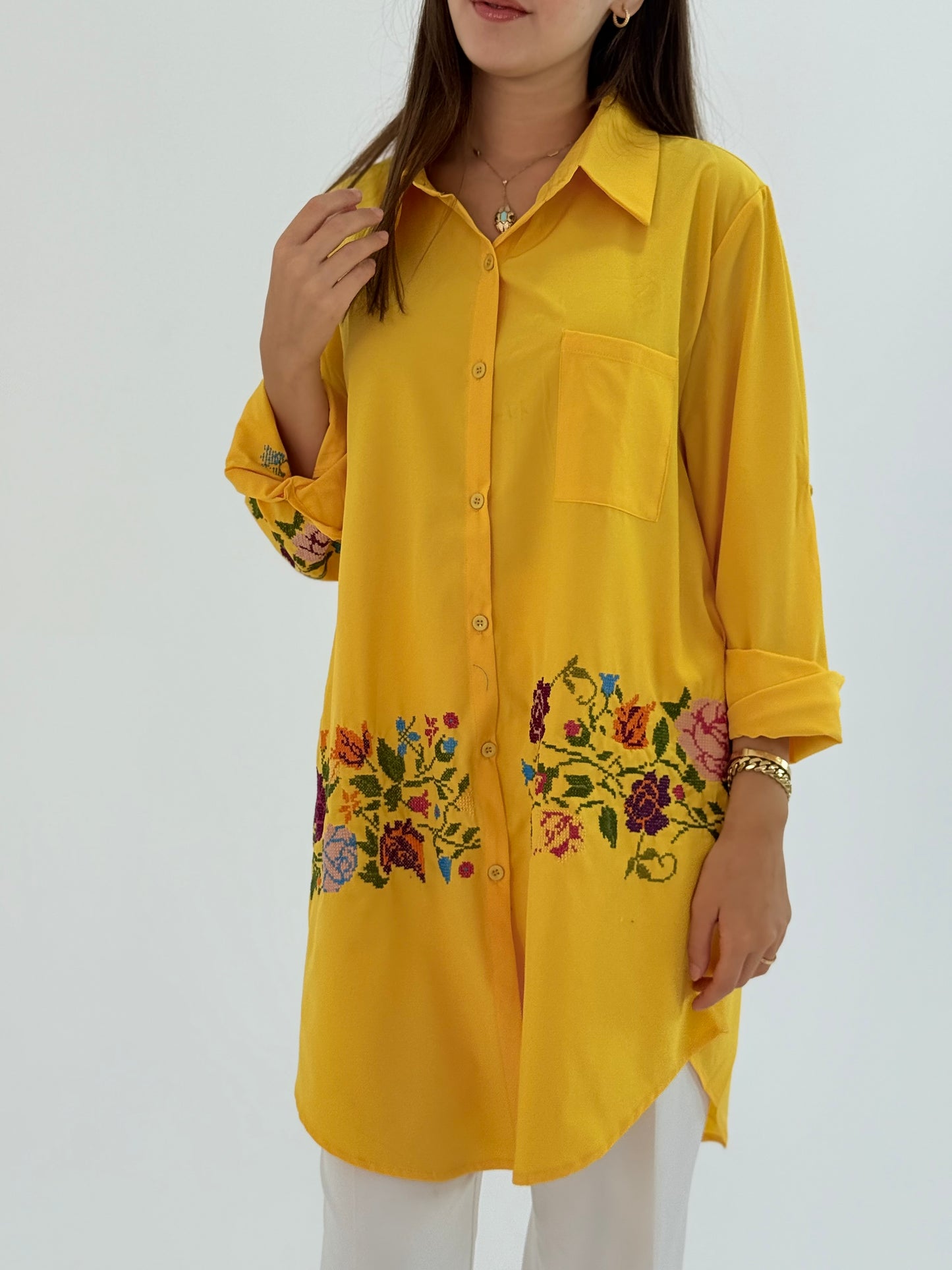 Handmade Yellow Shirt with Elegant Floral Embroidery - Poplin Fabric
