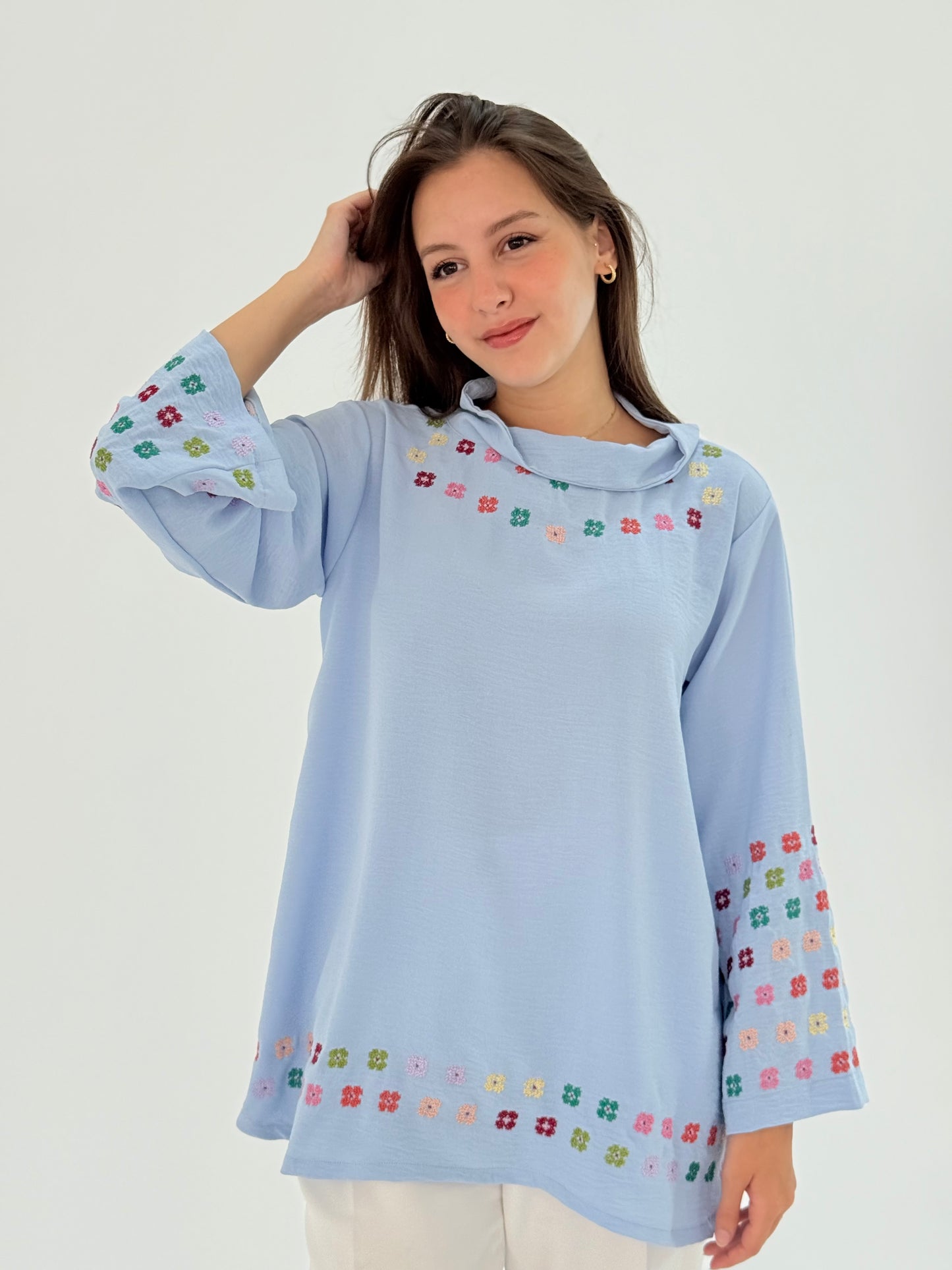 Handmade High Neck Baby Blue Cotton Top - Fusion of Modern and Traditional