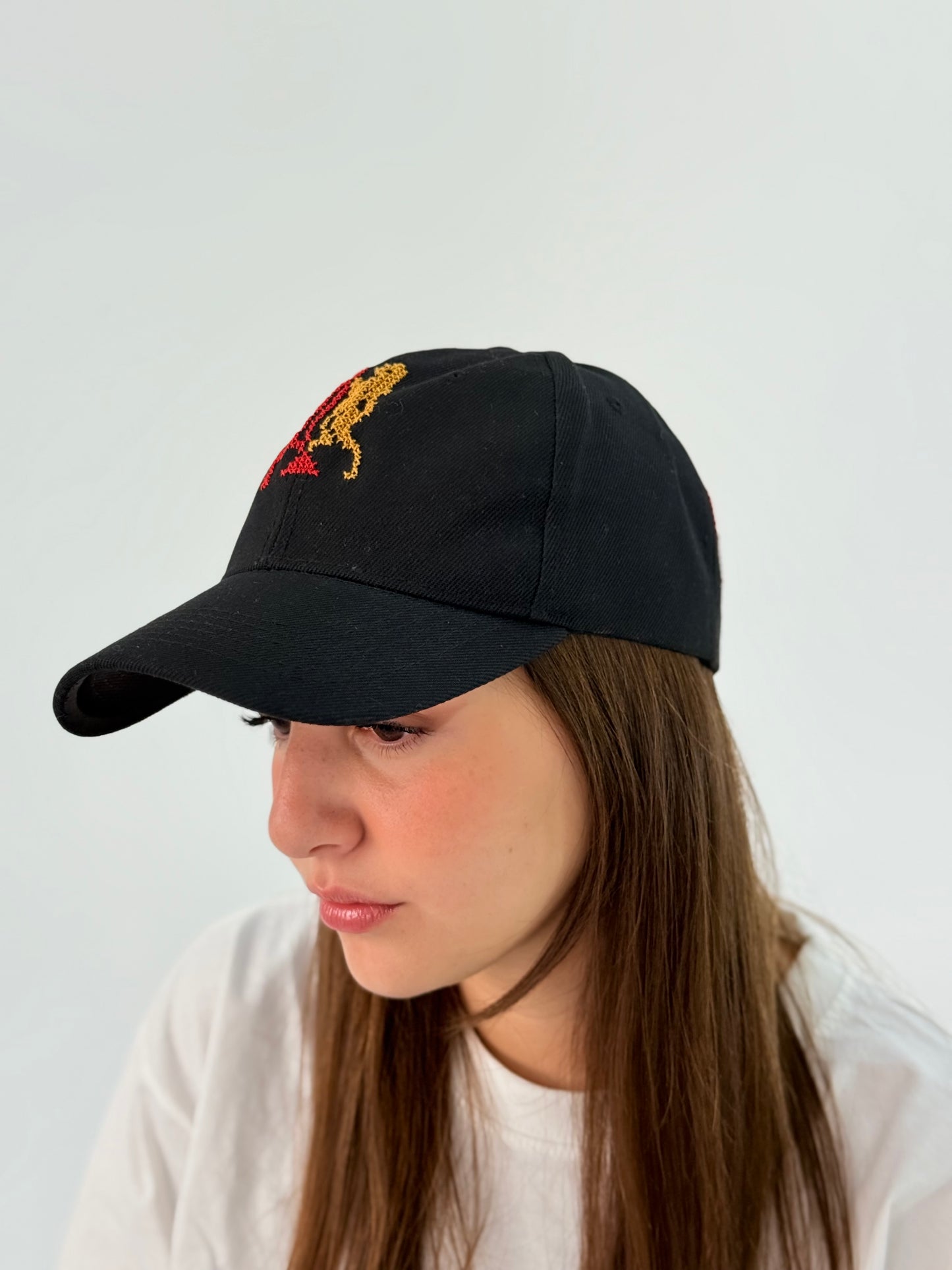 Black cap hat with two lion tatreez patterns in handmade embroidery.
