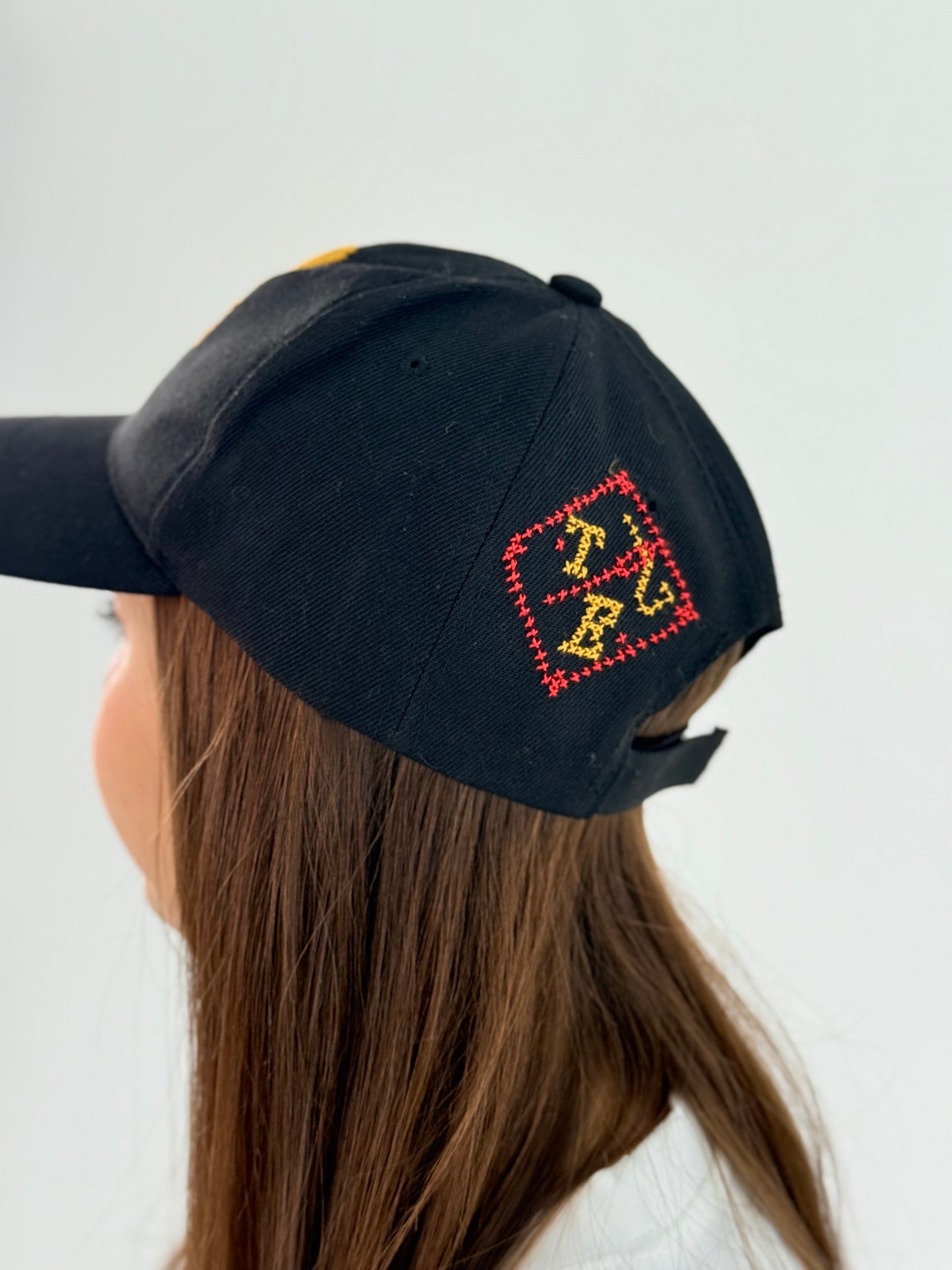 Black Cap Hat with Two Lion Tatreez Patterns