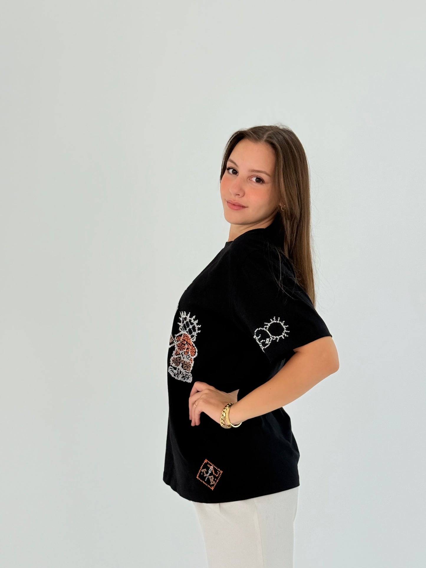Black Cotton T-shirt with Handhala Family Embroidered in White and Beige