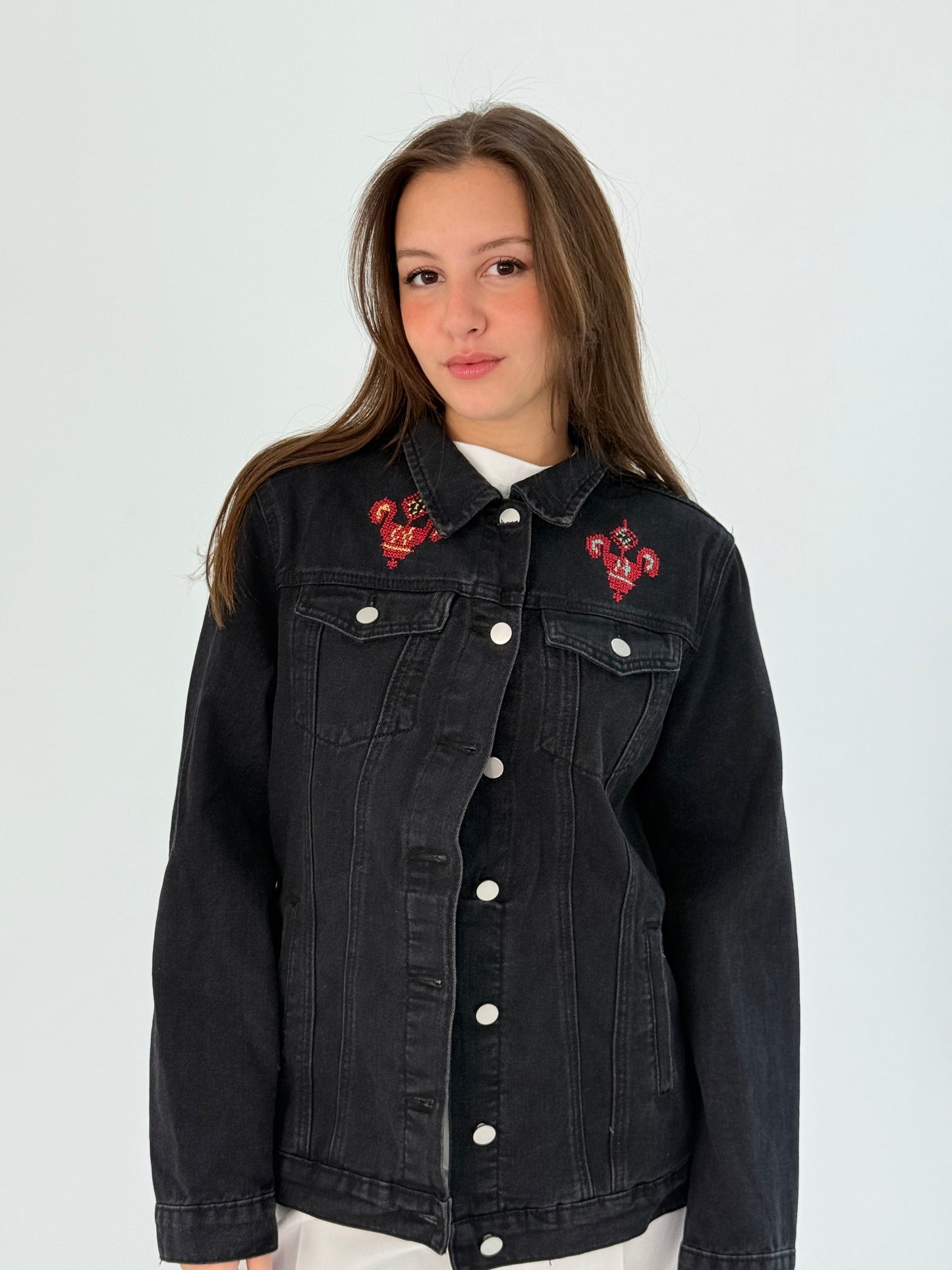Black Jeans Jacket with Stunning Bright Color Embroidery - A Passionate Creation