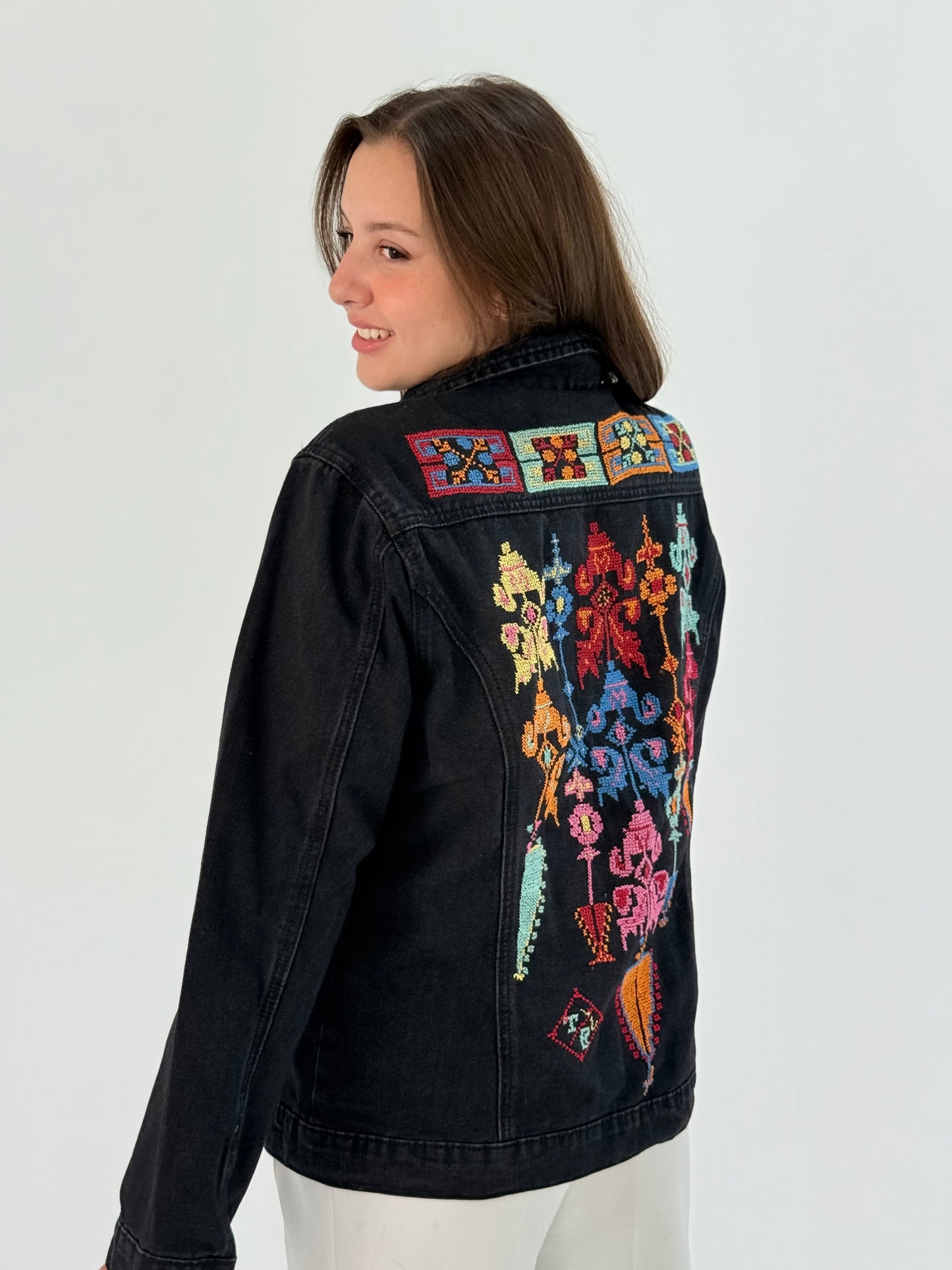 Black Jeans Jacket with Stunning Bright Color Embroidery - A Passionate Creation