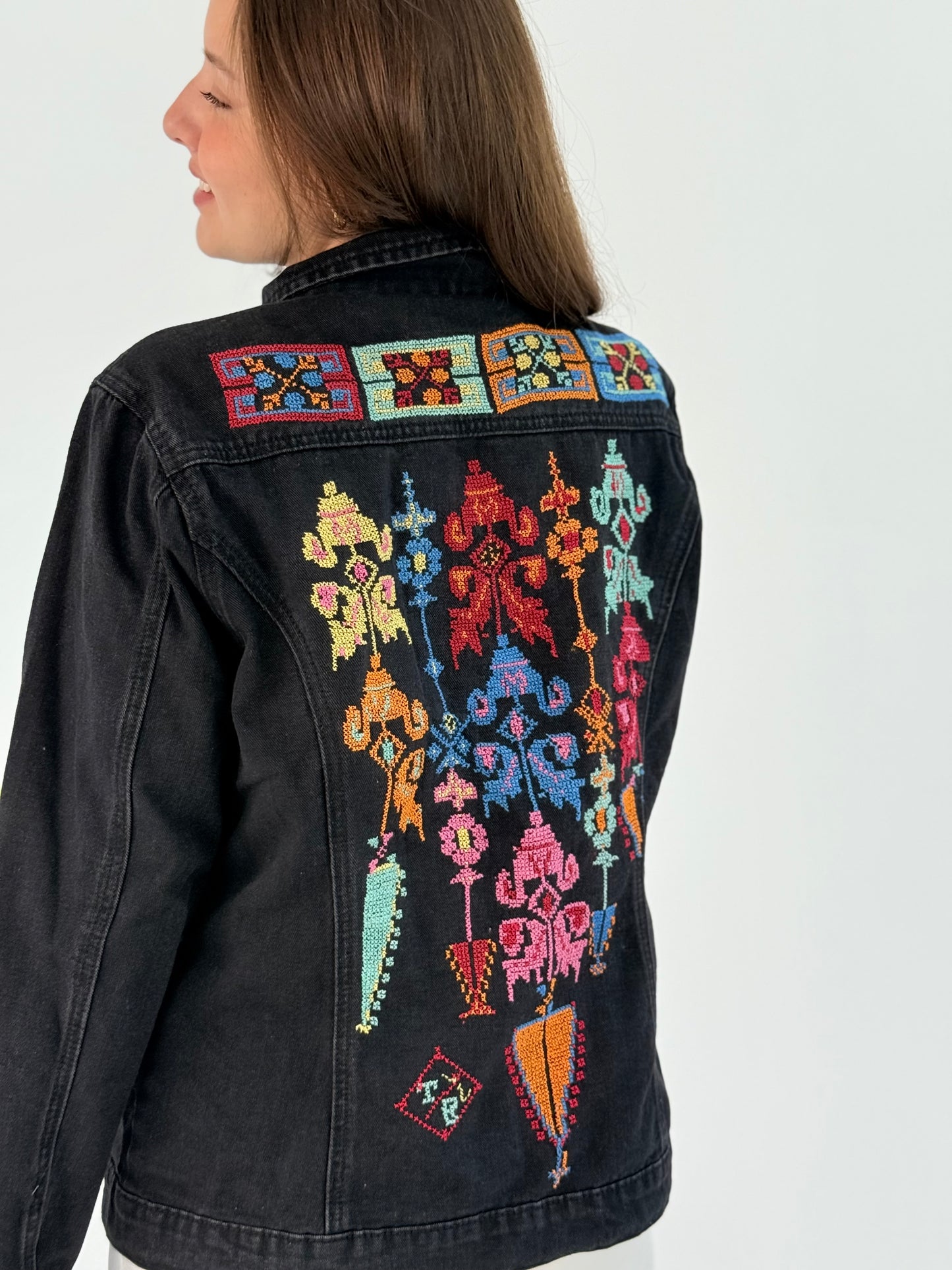 Black Jeans Jacket with Stunning Bright Color Embroidery - A Passionate Creation