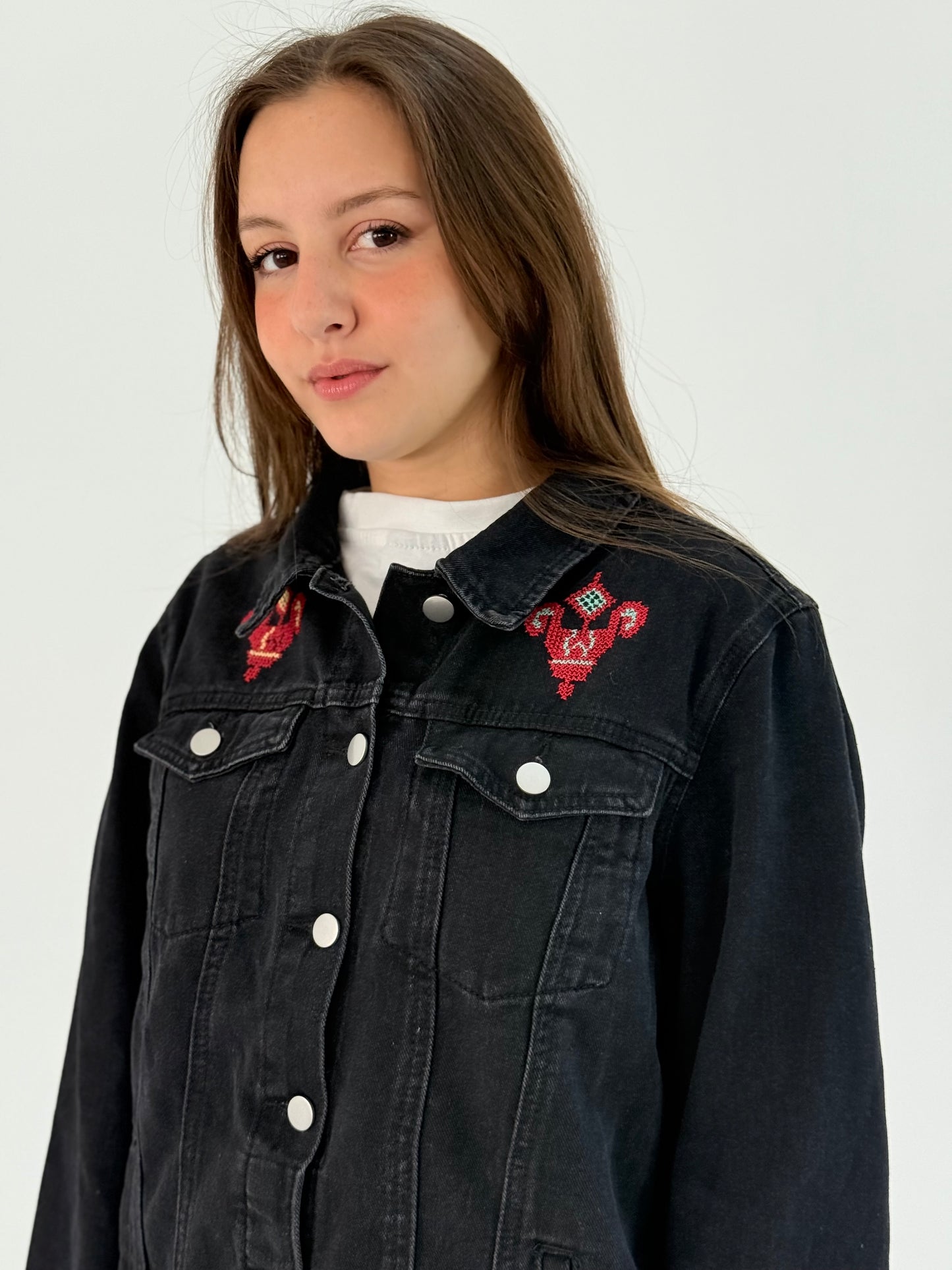 Black Jeans Jacket with Stunning Bright Color Embroidery - A Passionate Creation