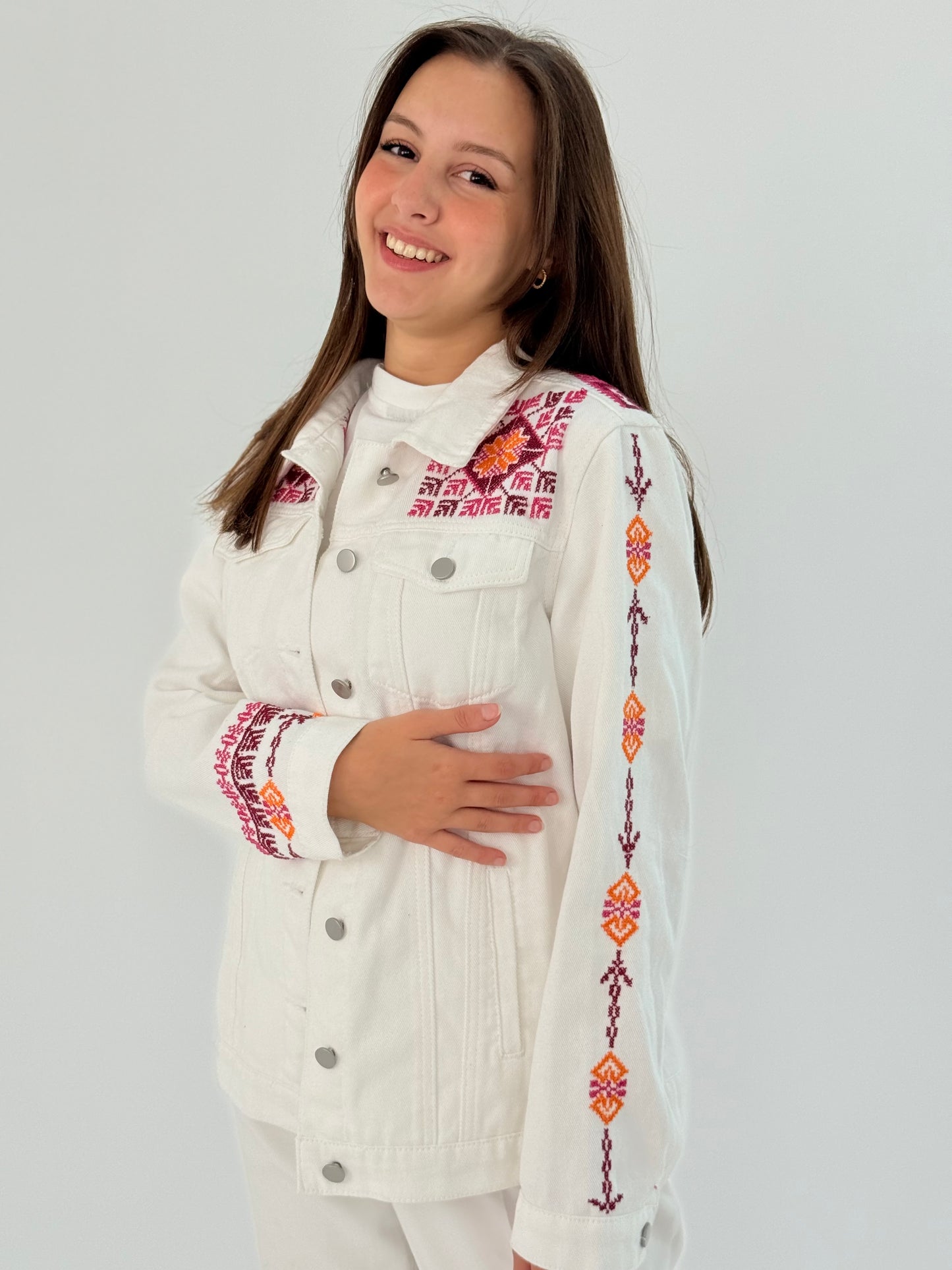 Handmade White Jeans Jacket with Red Embroidery - Modern & Traditional Blend