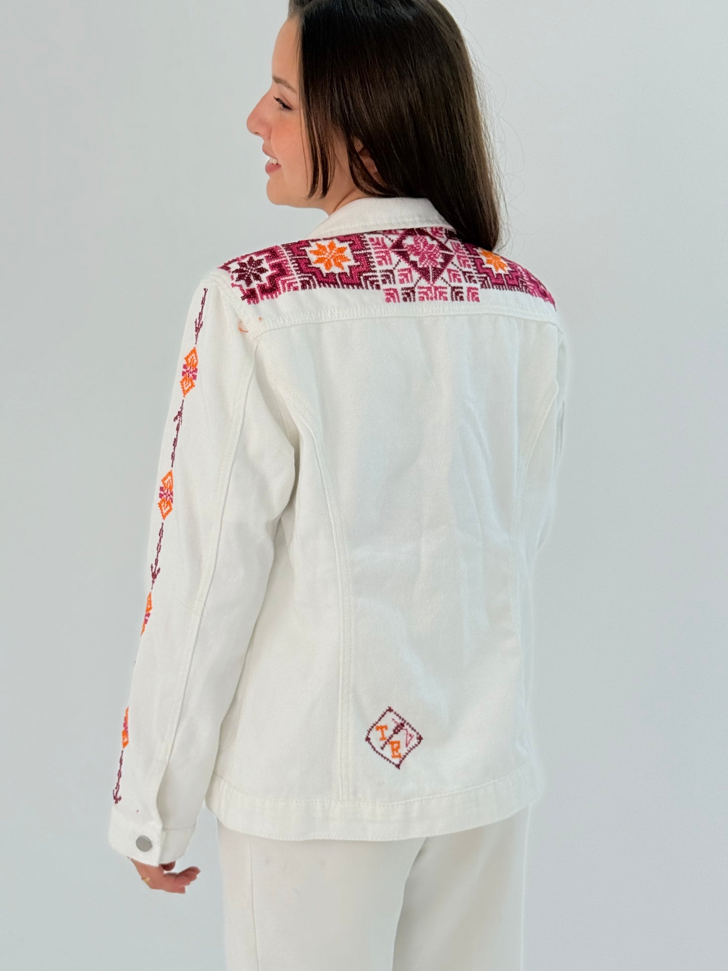 Handmade White Jeans Jacket with Red Embroidery - Modern & Traditional Blend