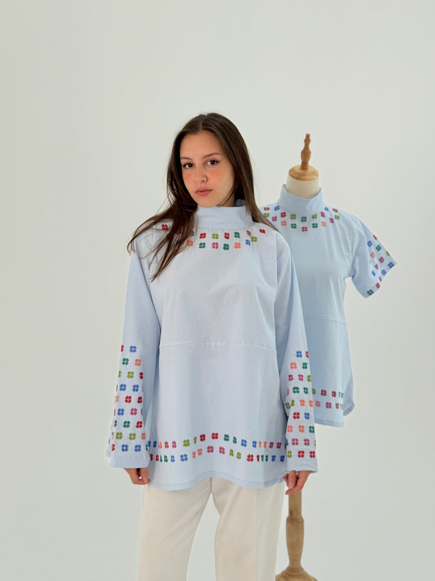 Handmade High Neck Baby Blue Cotton Top - Fusion of Modern and Traditional