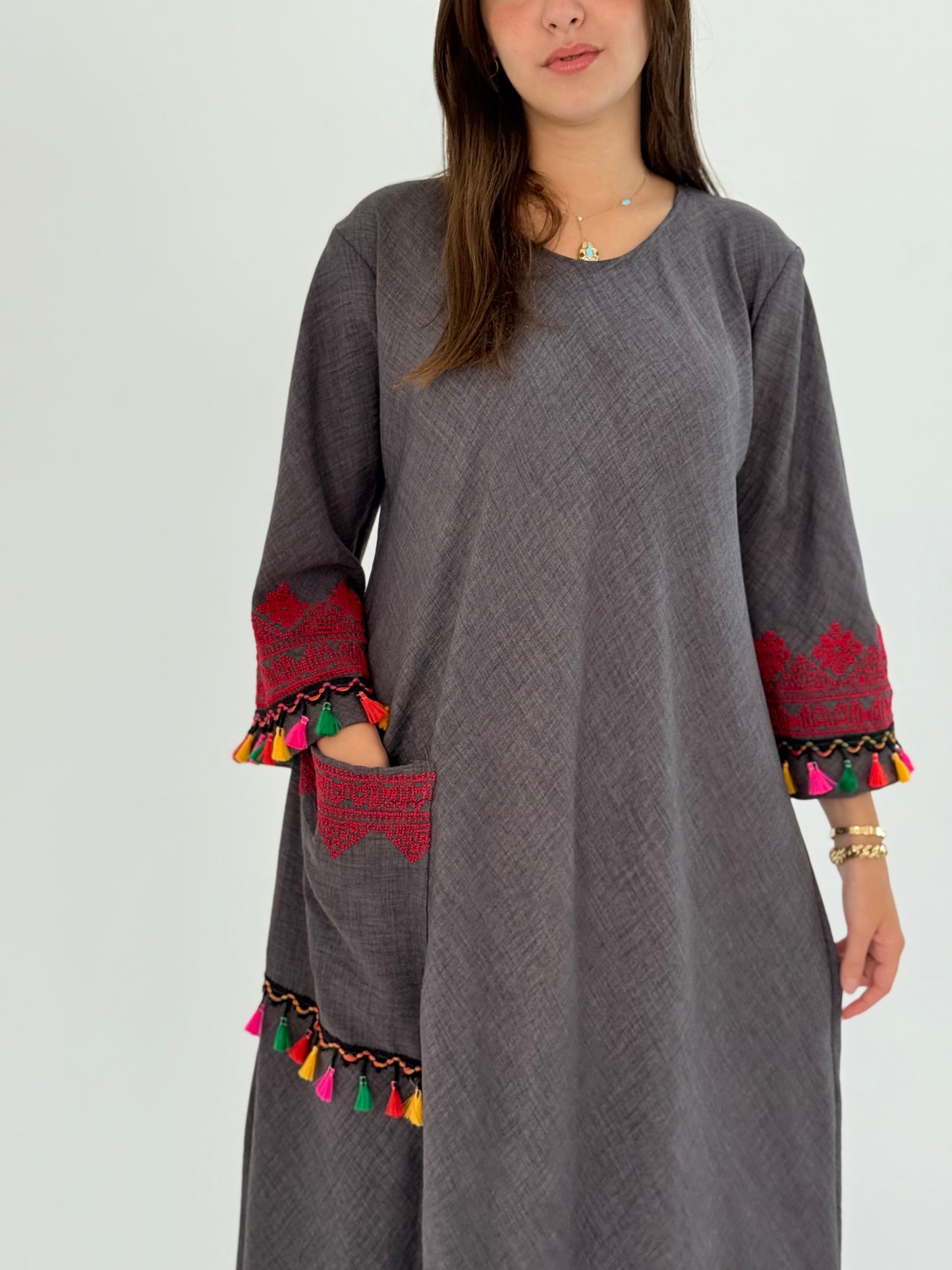 Handmade Grey Linen Dress with Red Embroidery & Sharasheeb