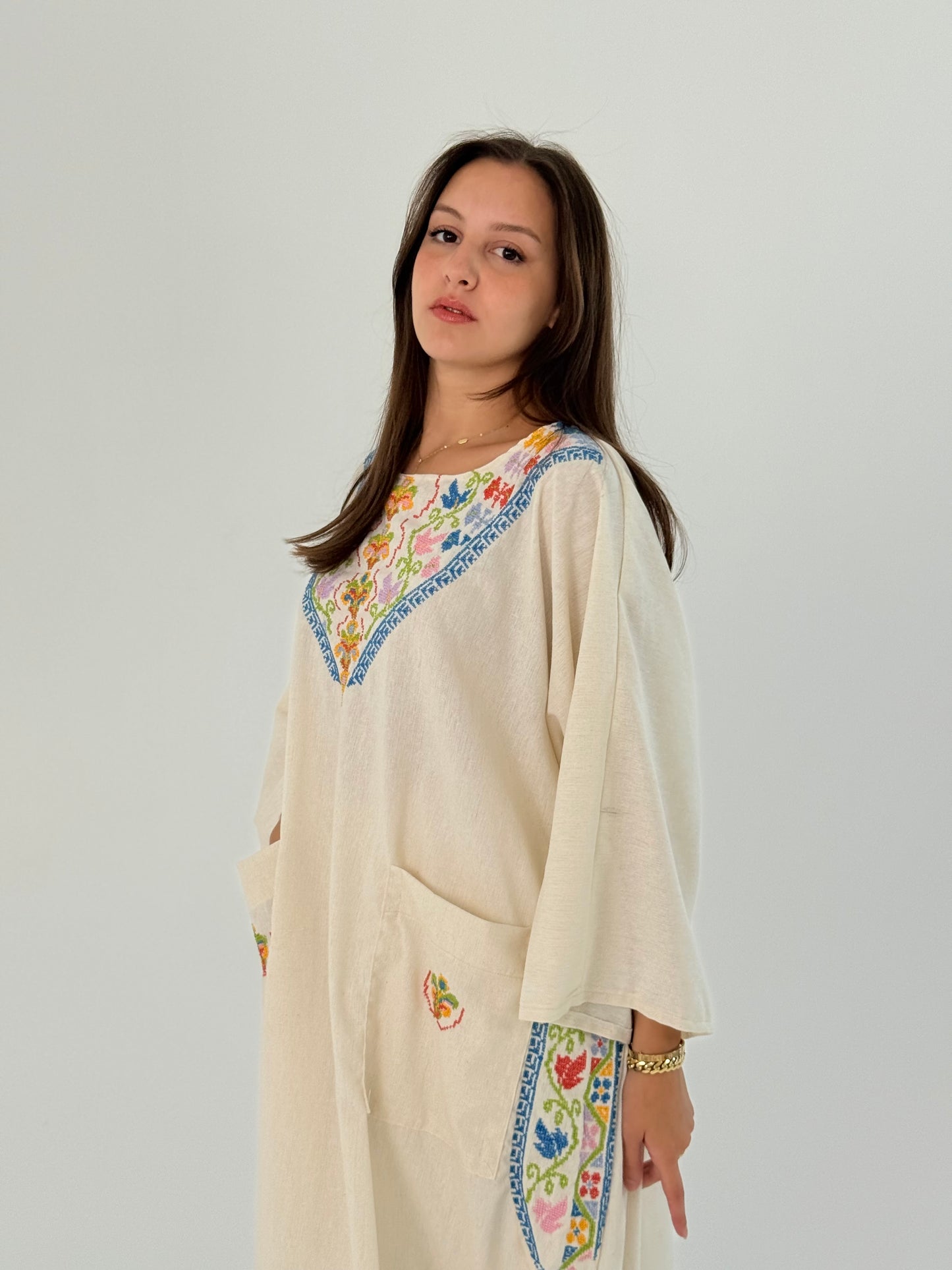 Handmade Fusion Dress Abaya Thoub Off White with Palestinian Tatreez - Daily Wear & Event Ready