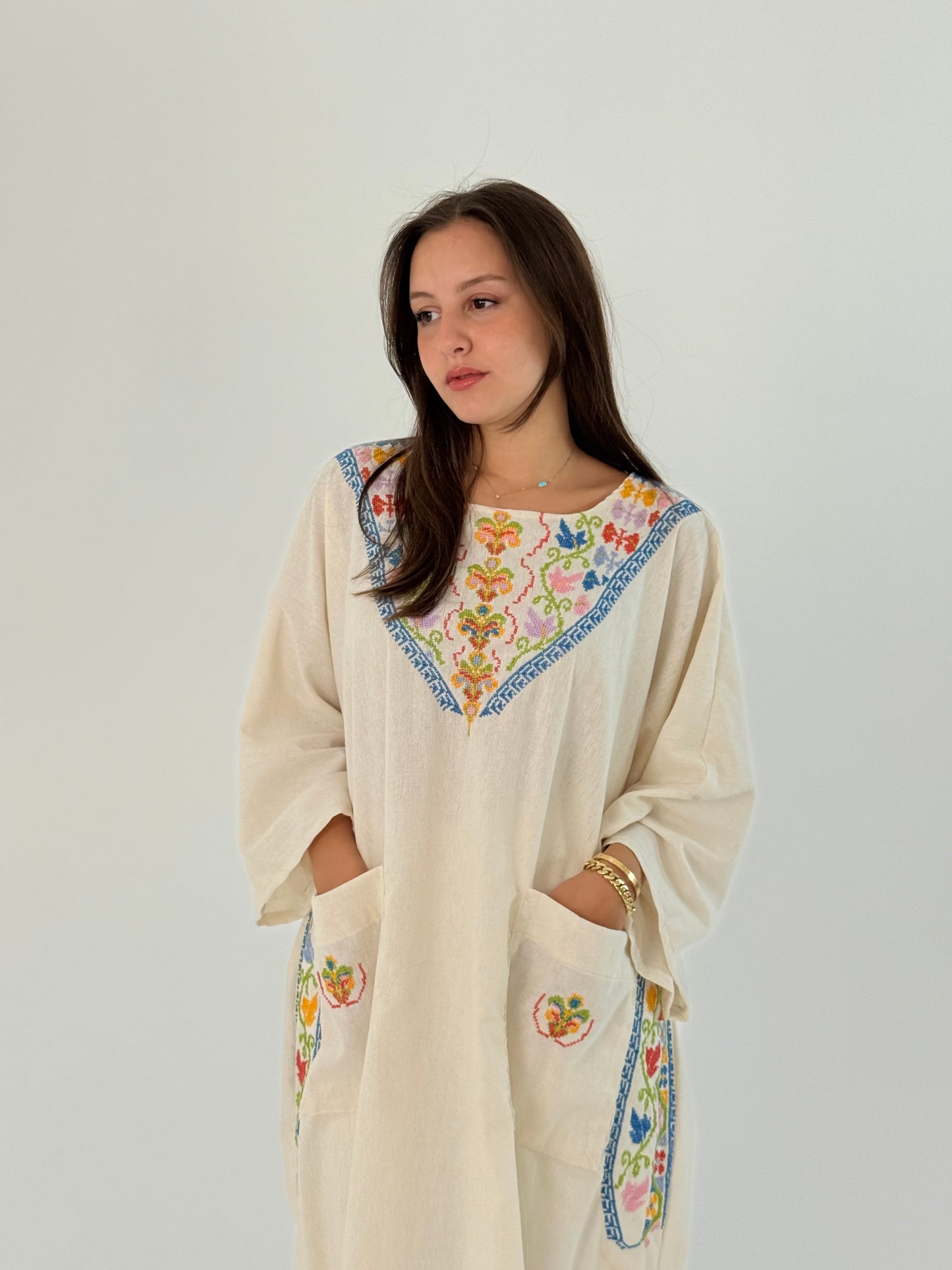 Handmade Fusion Dress Abaya Thoub Off White with Palestinian Tatreez - Daily Wear & Event Ready
