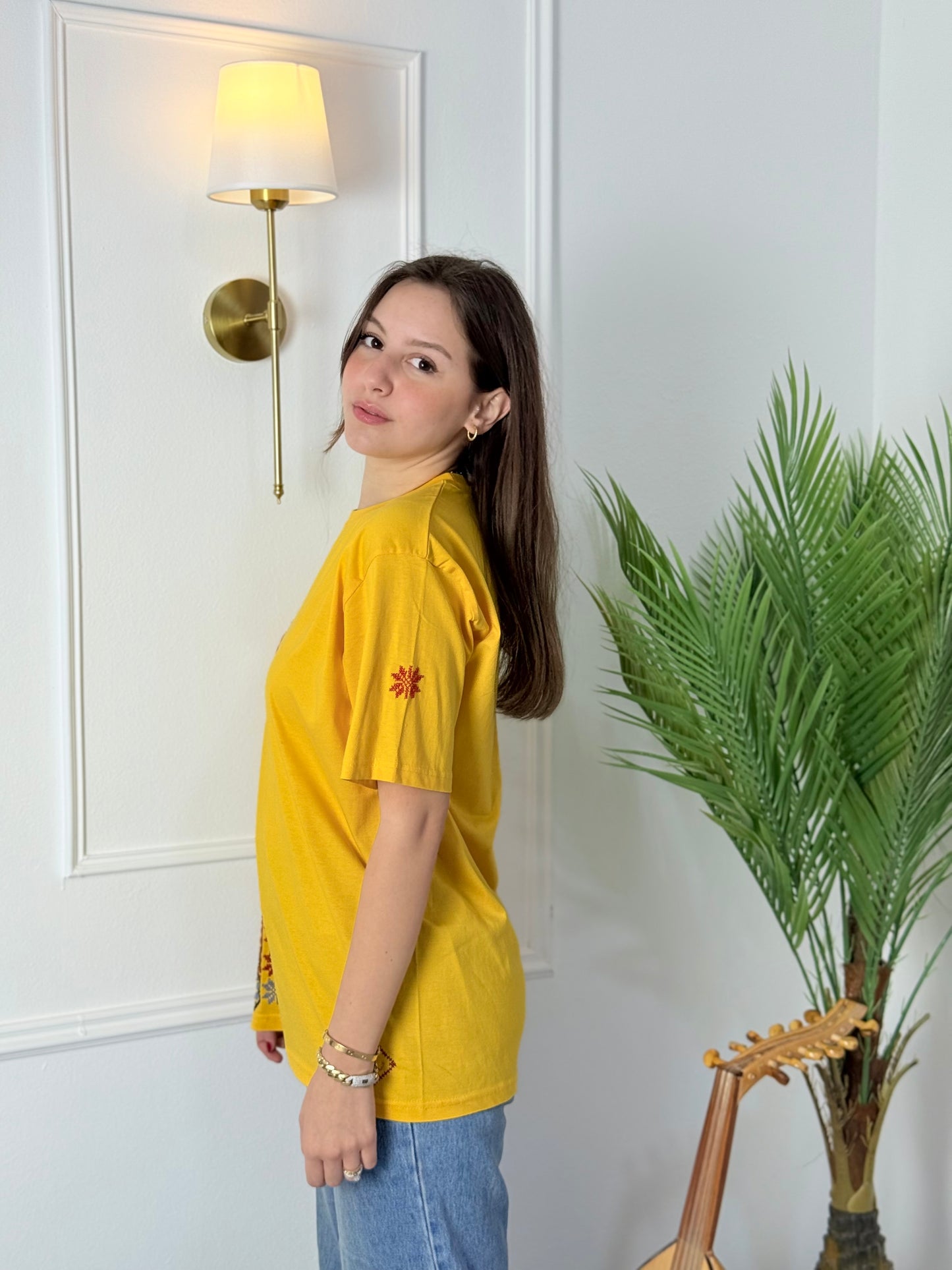 Handmade Yellow Embroidered T-Shirt | Floral Tatreez Design