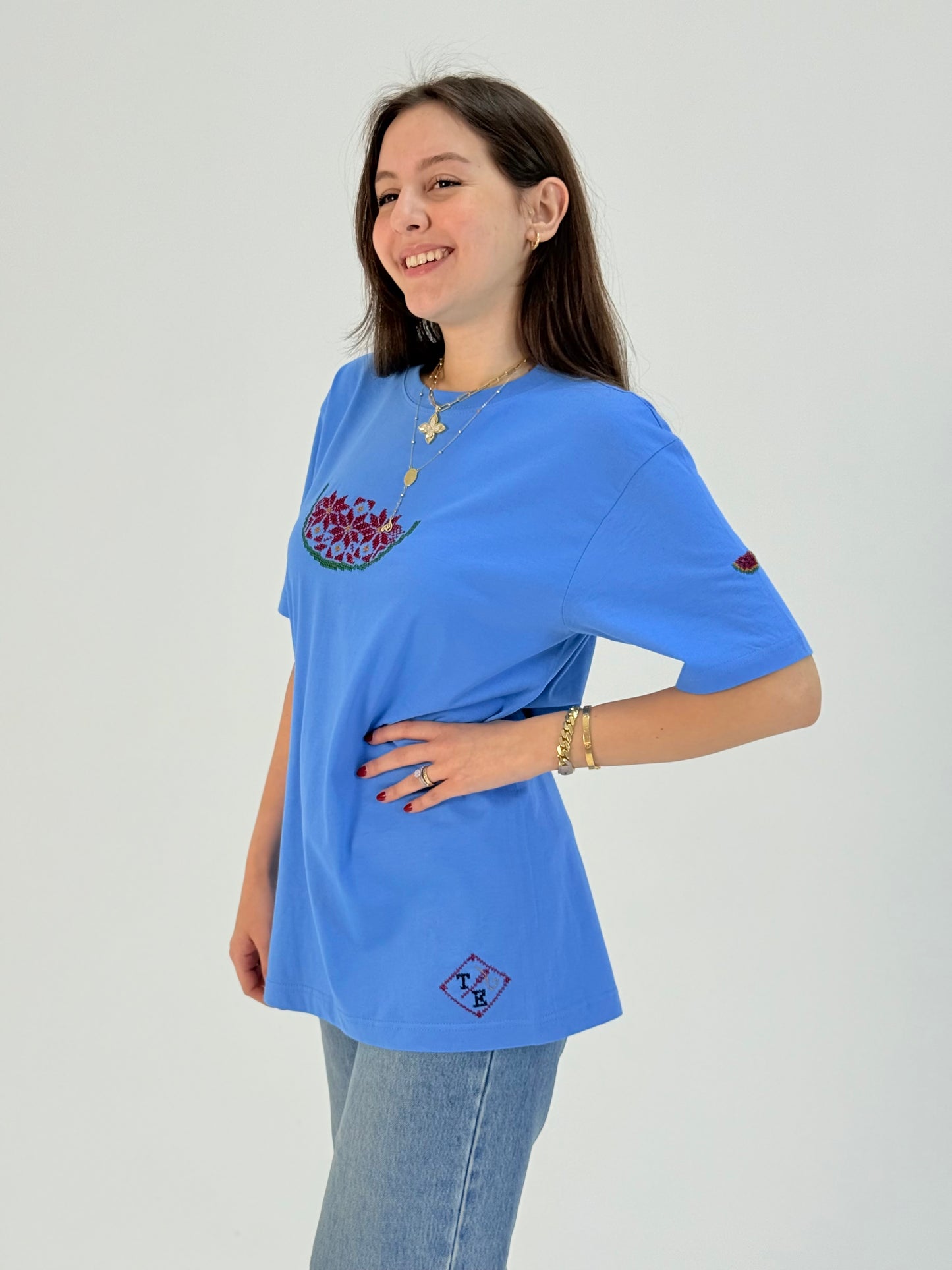 Blue Watermelon Embroidered T-Shirt | Handmade Tatreez Tee
