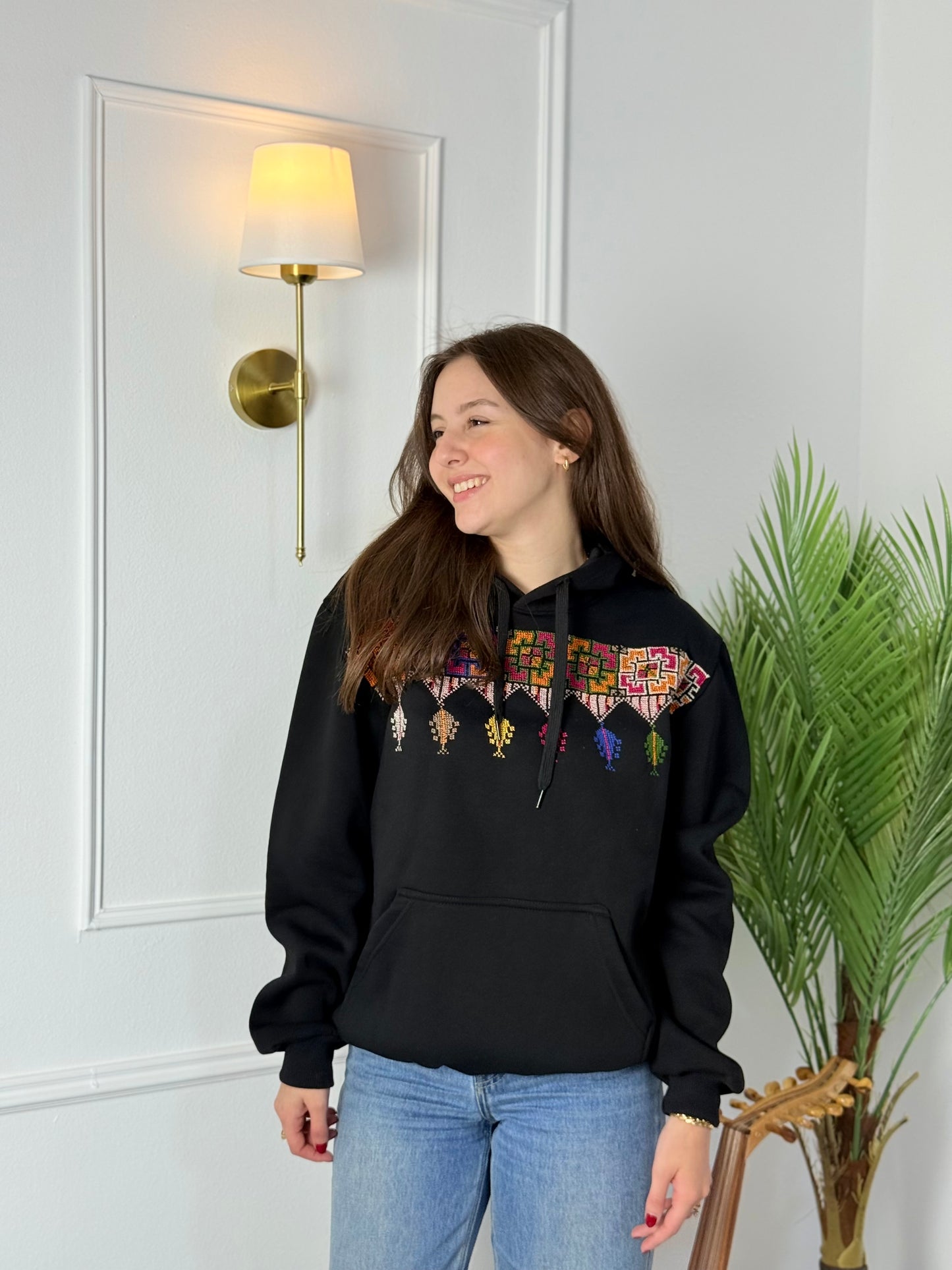 Palestinian Shepherd Embroidery Black Hoodie | Handmade Tatreez