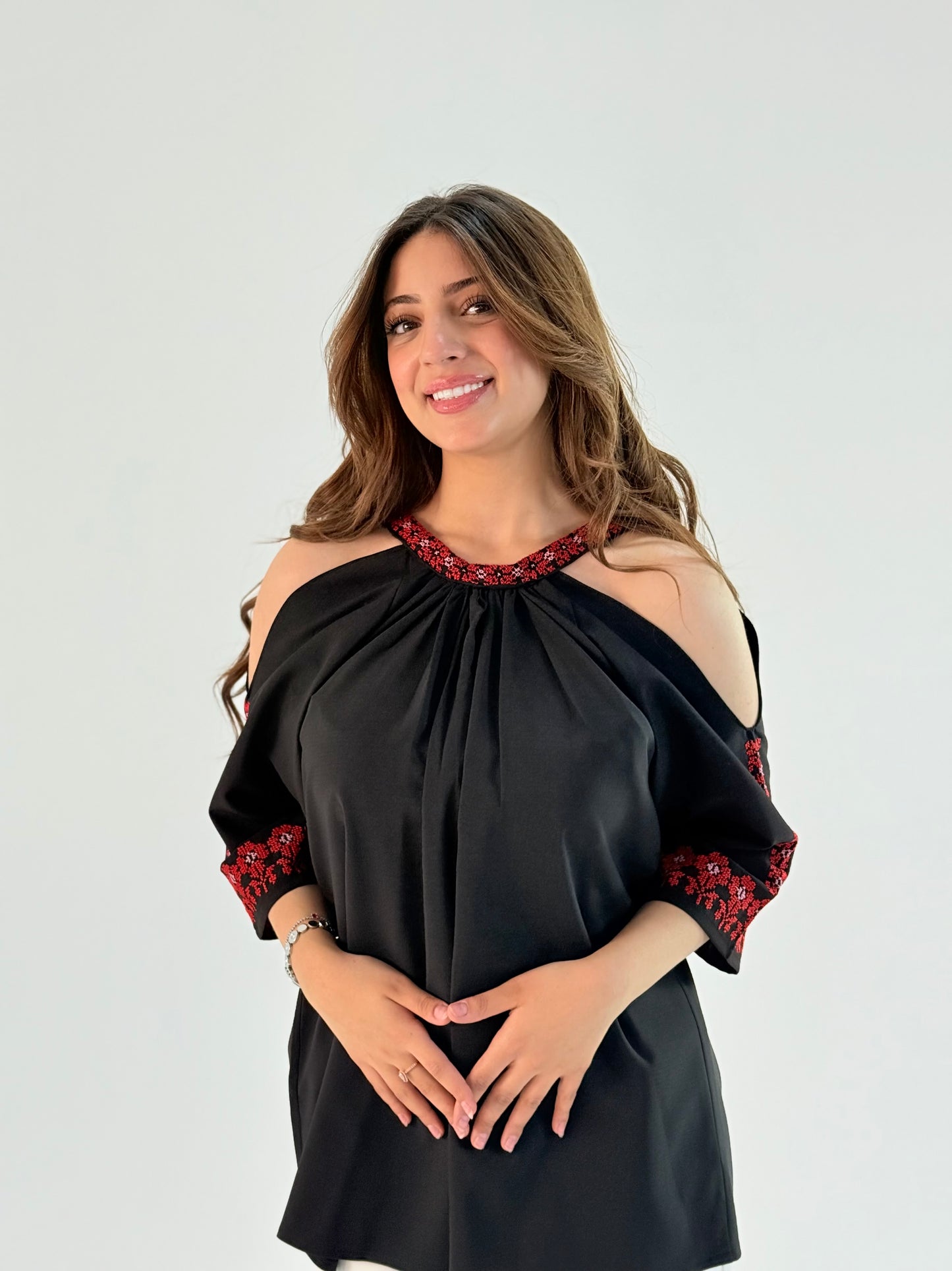 Elegant Shoulder-Cut Top with Palestinian Embroidery | Customizable Twill Fabric Design