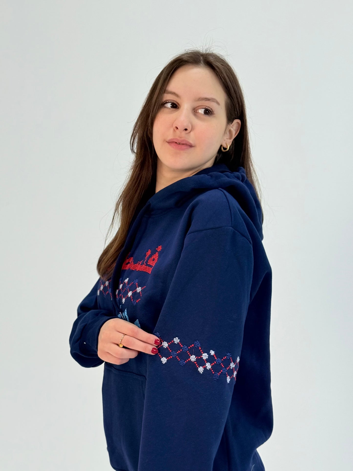 Navy Hoodie with Palestinian Embroidery | Handmade | فلسطيني وافتخر