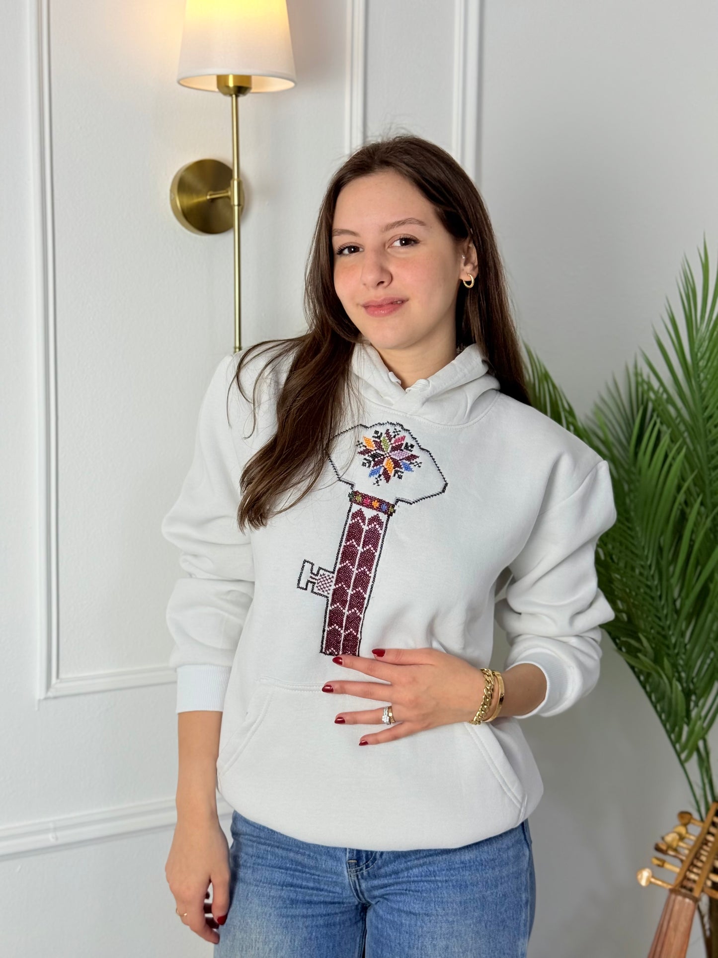 Hand-Embroidered White Hoodie with Key of Return | Tatreez Banatna