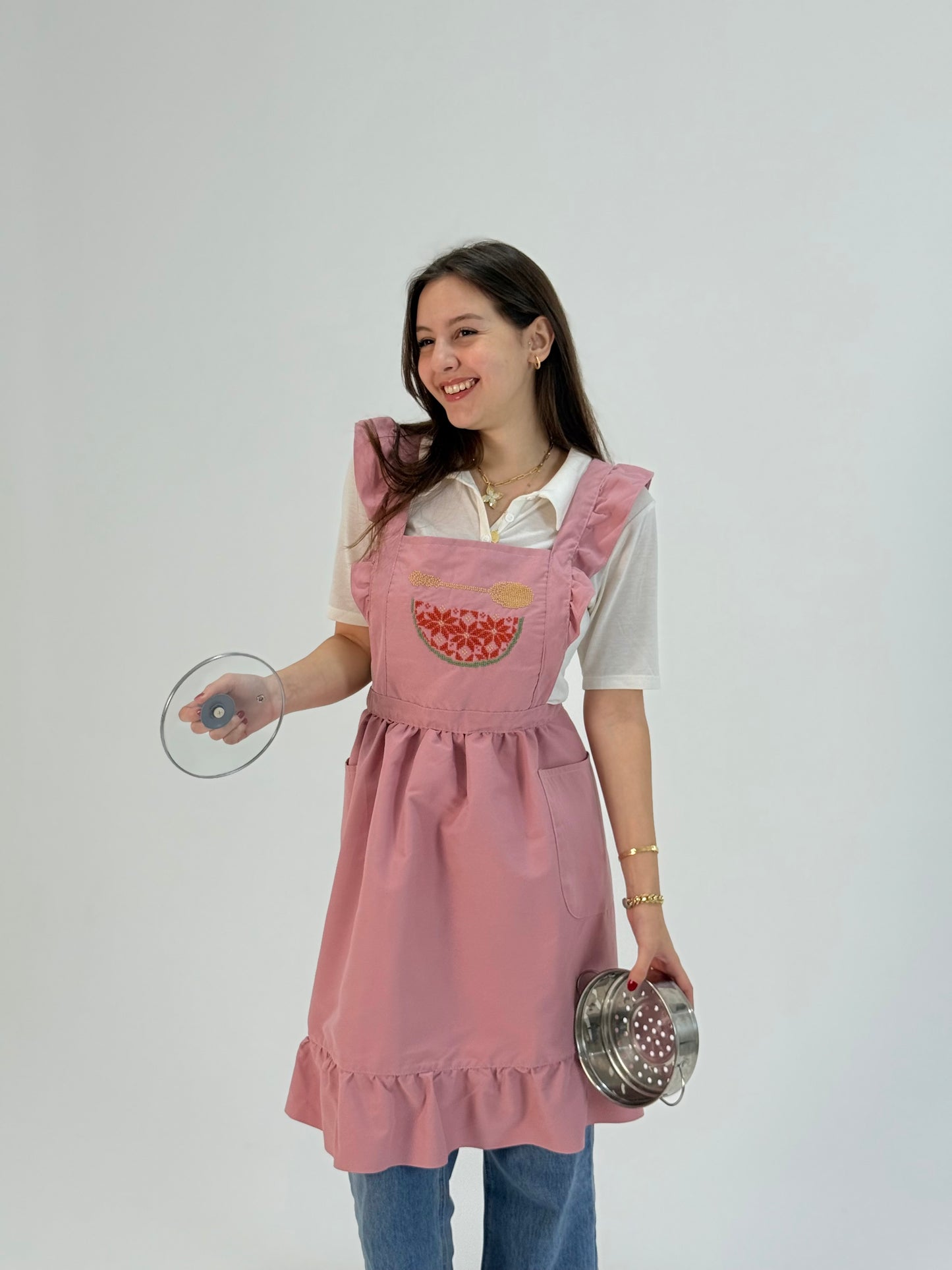 Pink Waterproof Apron with Embroidered Watermelon | Handmade
